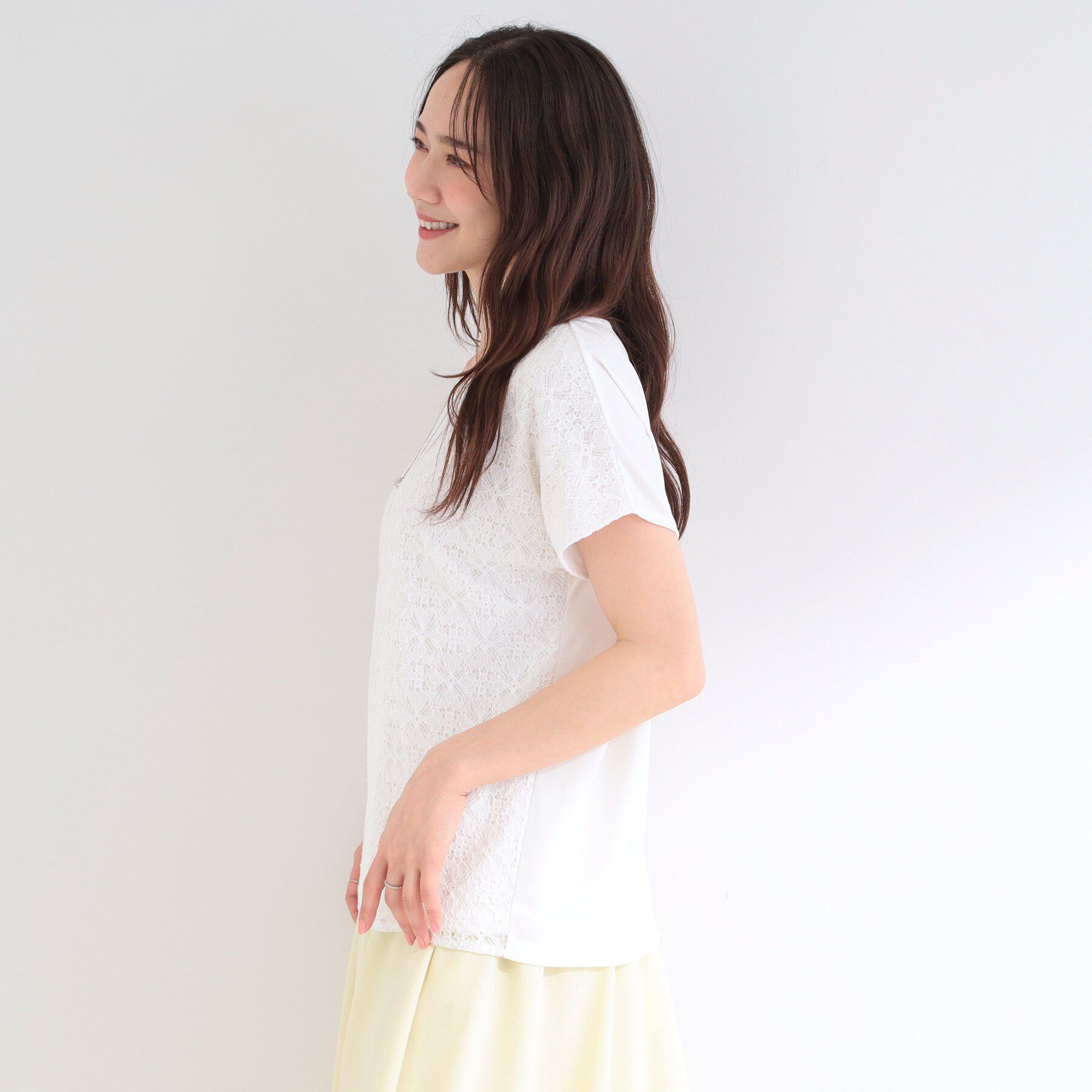 SHOO･LA･RUE「【ひんやり/UV】レース切替で華やかに 大人の選ぶ上品Tシャツ」|Tシャツ・カットソー|