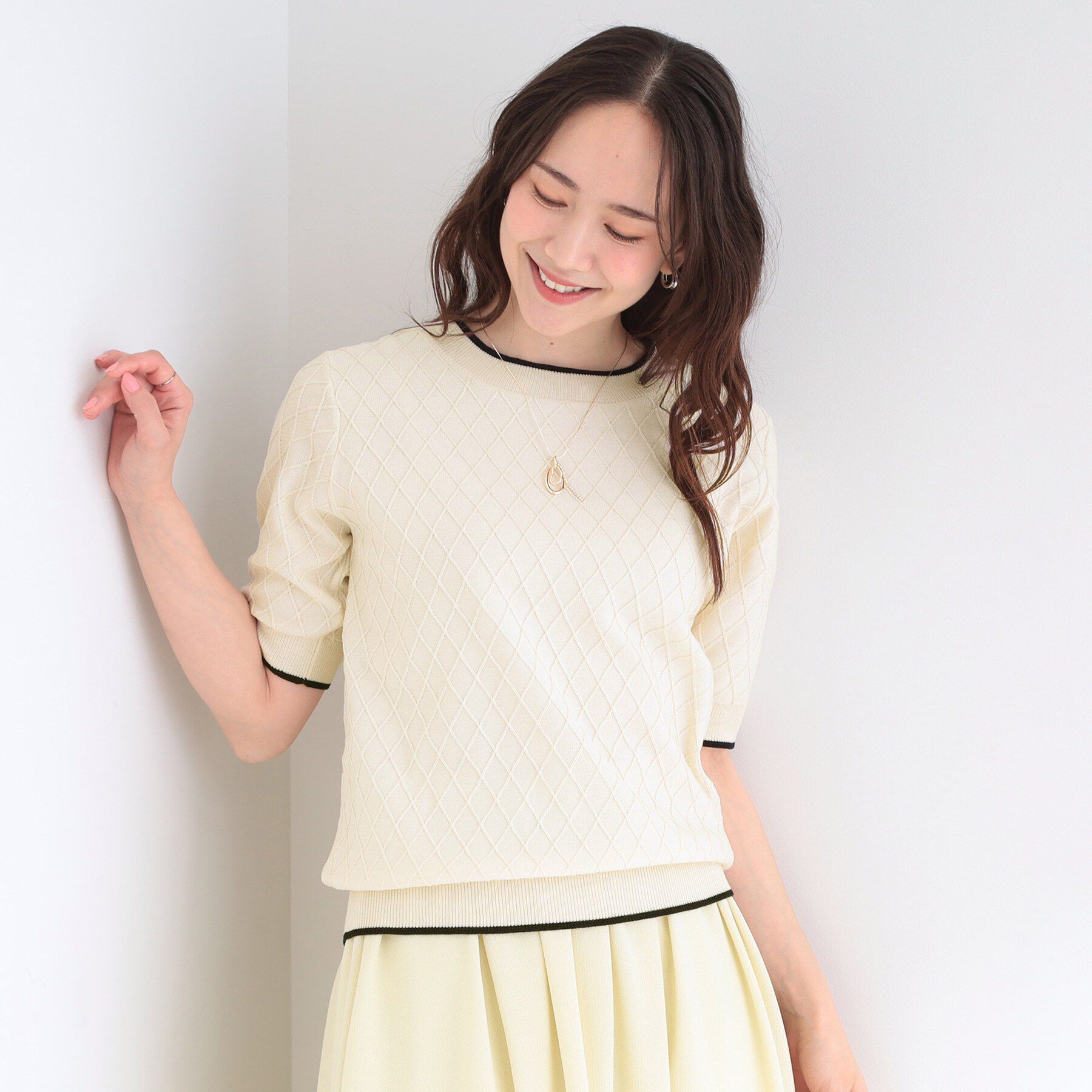 SHOO･LA･RUE「【洗濯機可/S-LL】大人上品なダイヤ編み柄 配色半袖ニット」|ニット・セーター|