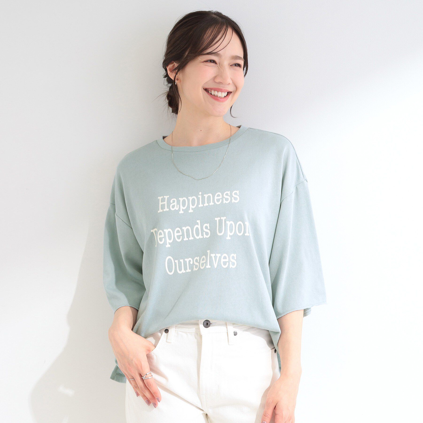 SHOO･LA･RUE「【洗濯機可/S-LL/選べる6柄】切りっぱなしお袖がこなれカジュアル 5分袖シアーTシャツ」|Tシャツ・カットソー|