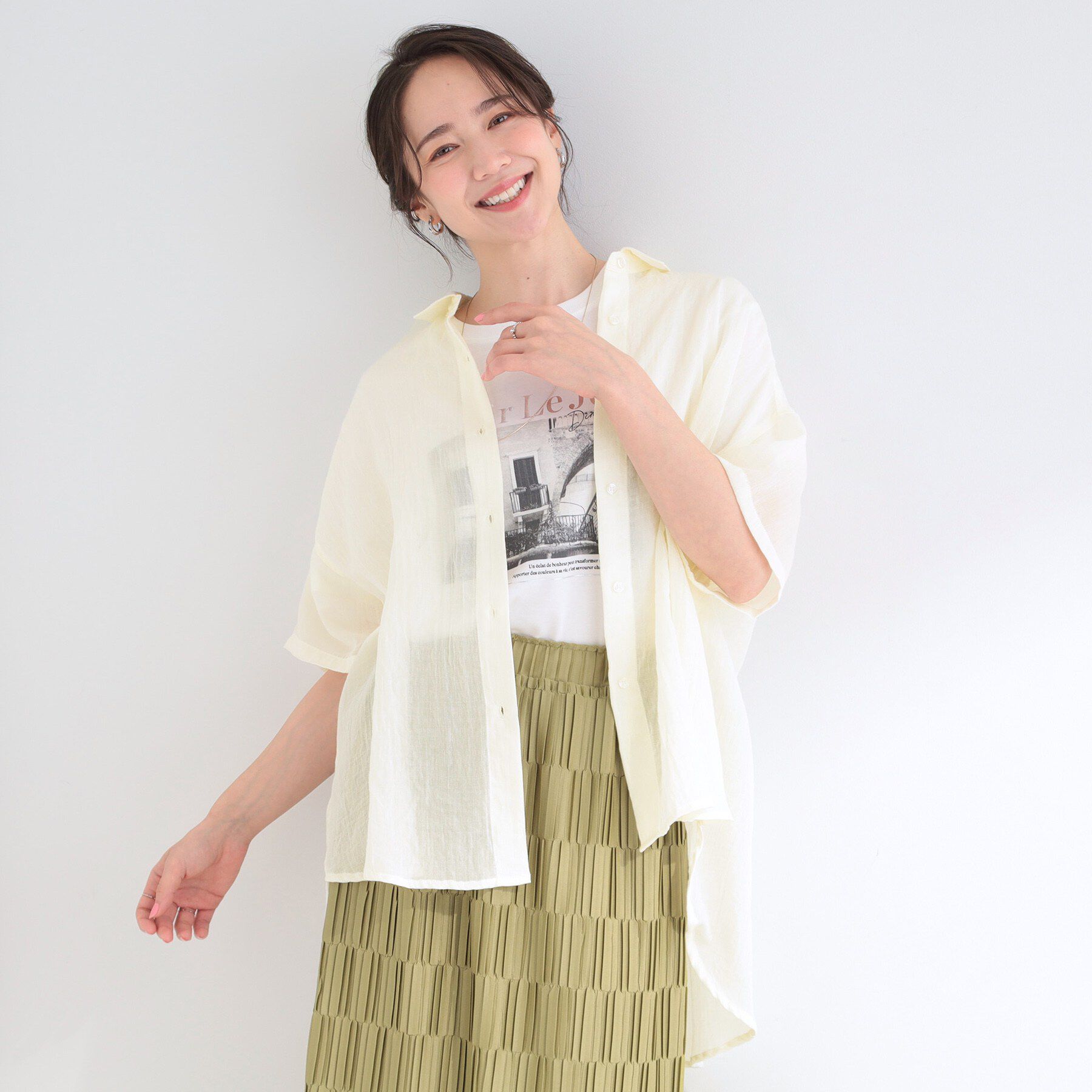 SHOO･LA･RUE「ヒップがすっぽり隠れる やわらか5分袖シアーシャツ」|シャツ・ブラウス|