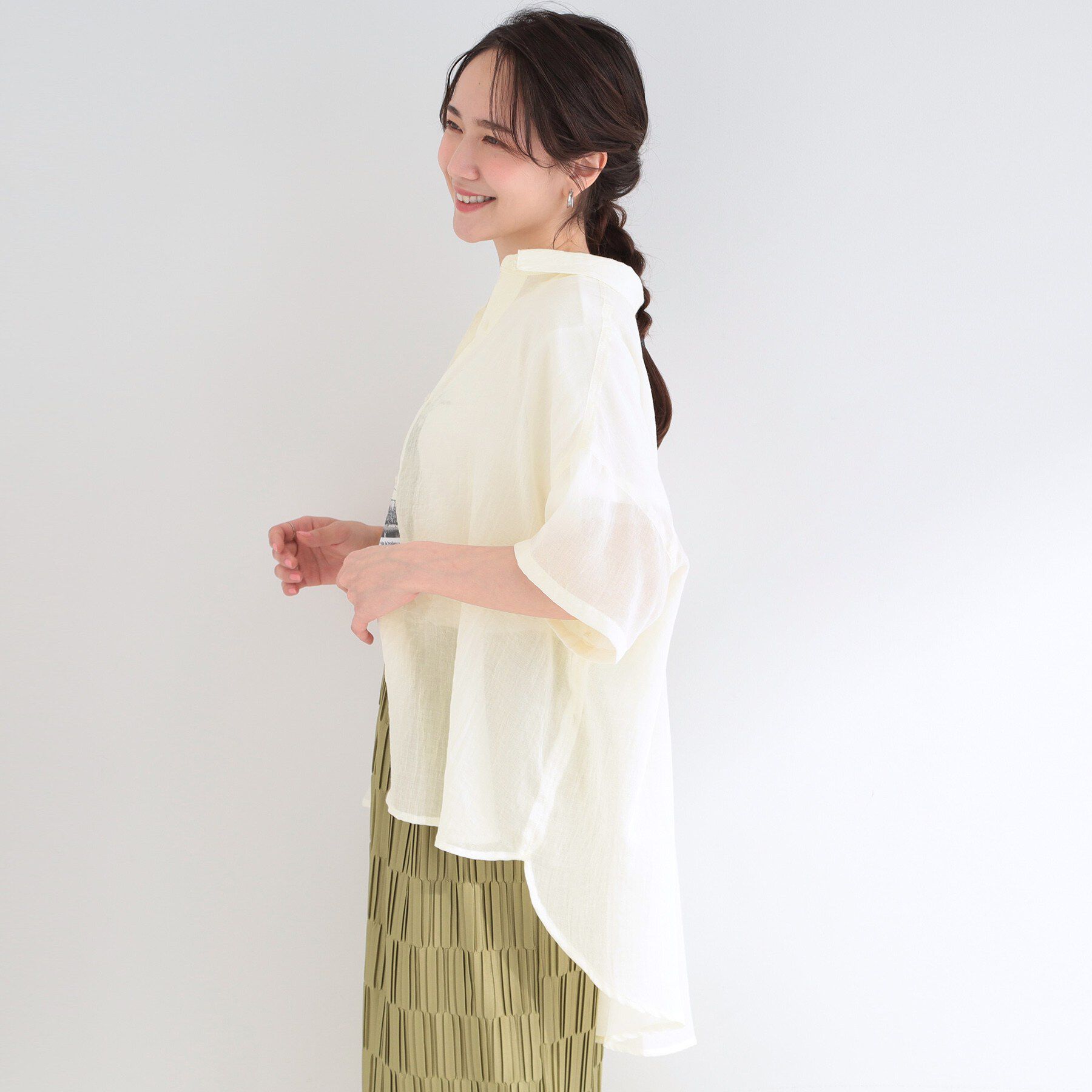 SHOO･LA･RUE「ヒップがすっぽり隠れる やわらか5分袖シアーシャツ」|シャツ・ブラウス|