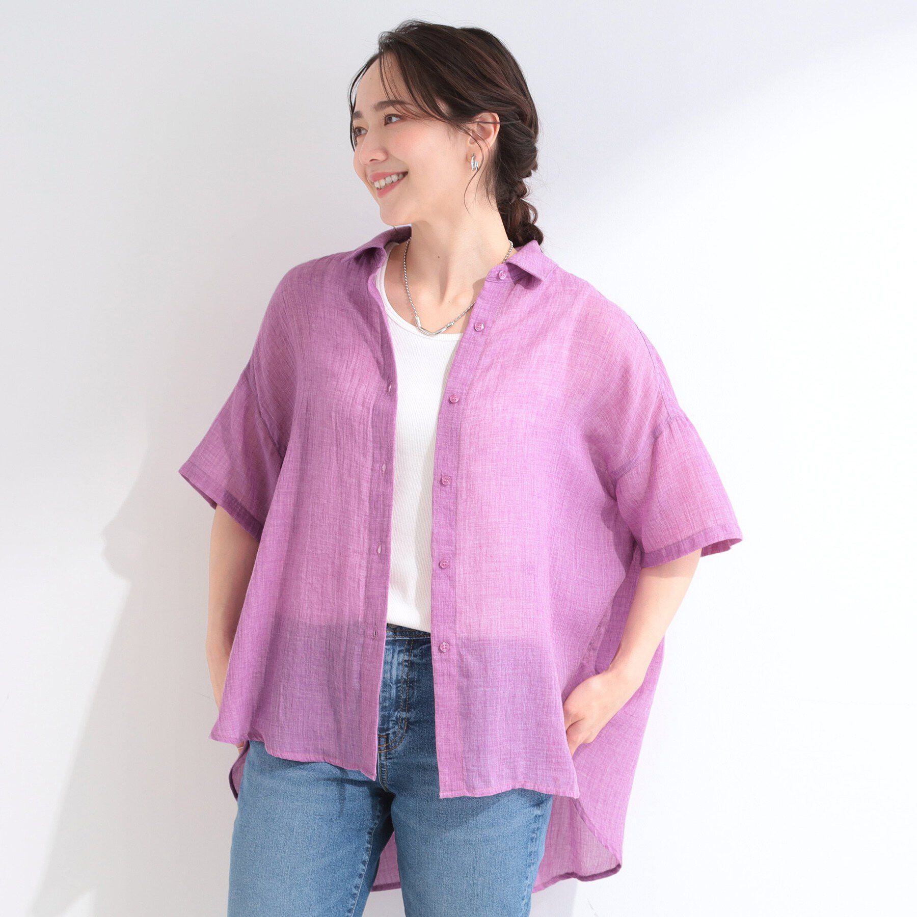 SHOO･LA･RUE「ヒップがすっぽり隠れる やわらか5分袖シアーシャツ」|シャツ・ブラウス|