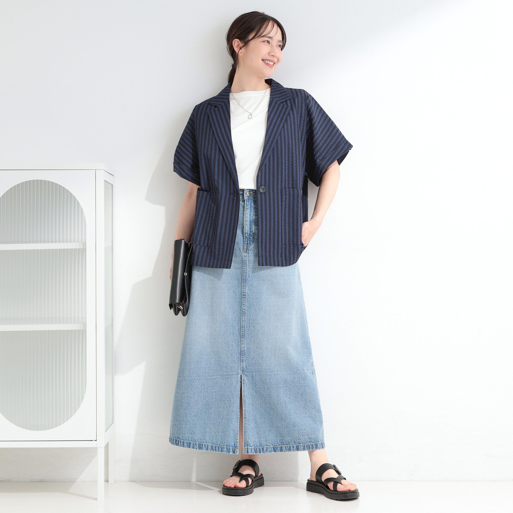 SHOO･LA･RUE「【ひんやり/吸水速乾/セットアップ可】羽織るだけで主役になる サッカーストライプシャツジャケット」|テーラードジャケット|