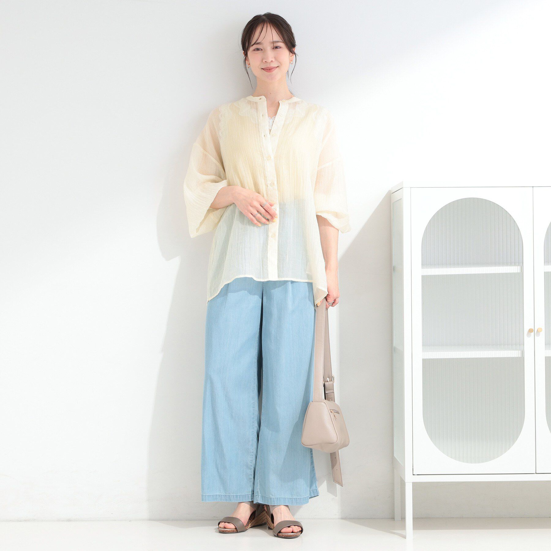 SHOO･LA･RUE「【S-LL】大人のシアー感 風合い楽しむバンドカラーシャツ」|シャツ・ブラウス|