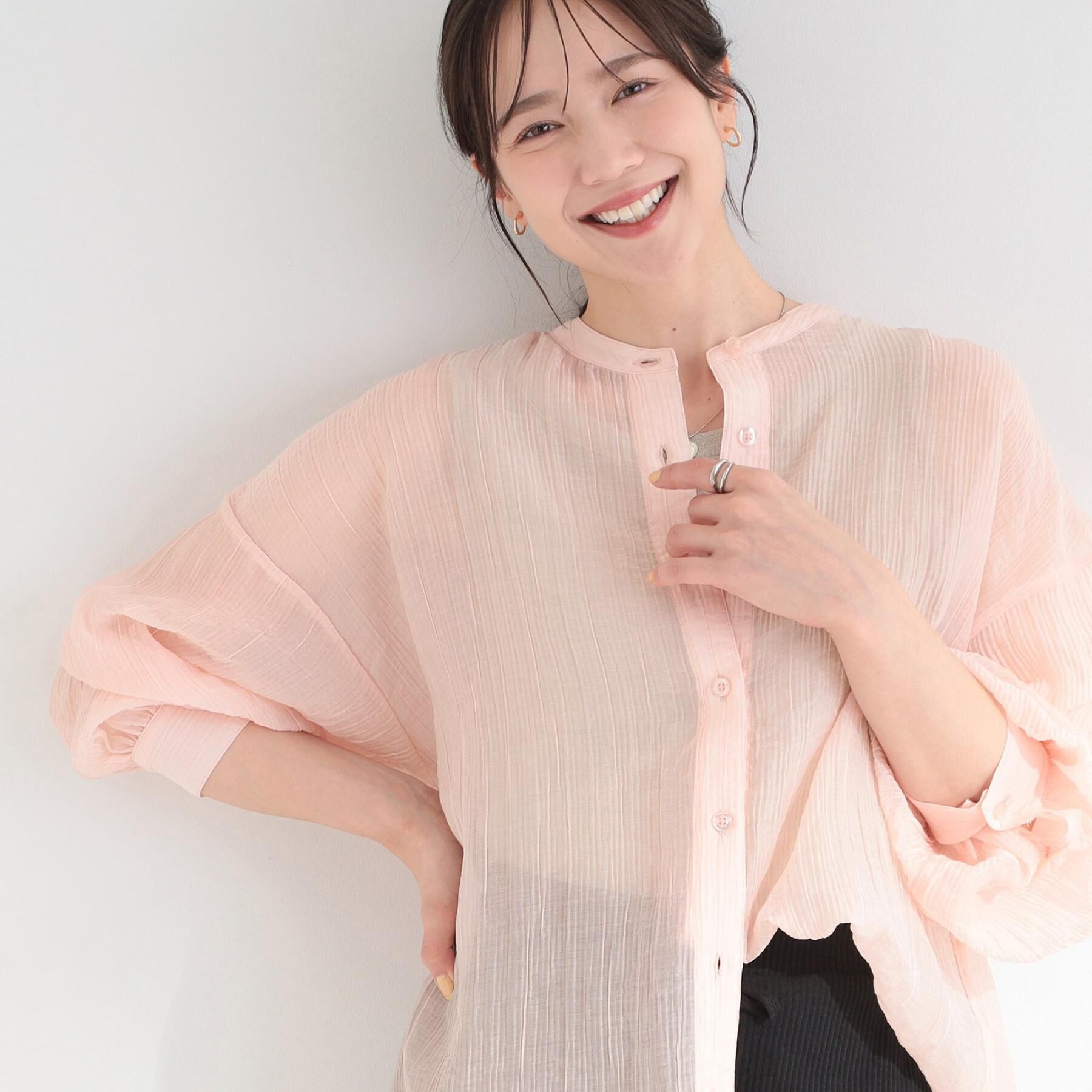SHOO･LA･RUE「【S-LL】大人のシアー感 風合い楽しむバンドカラーシャツ」|シャツ・ブラウス|ライトピンク(070