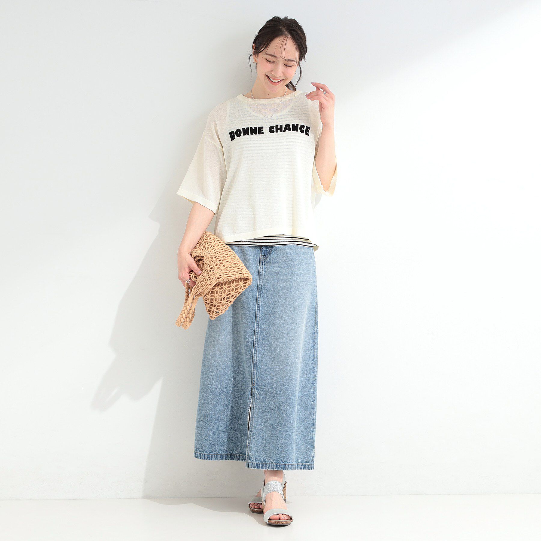 SHOO･LA･RUE「【体型カバー】程よい透け感 デザインアソート 5分袖シアーニット」|ニット・セーター|