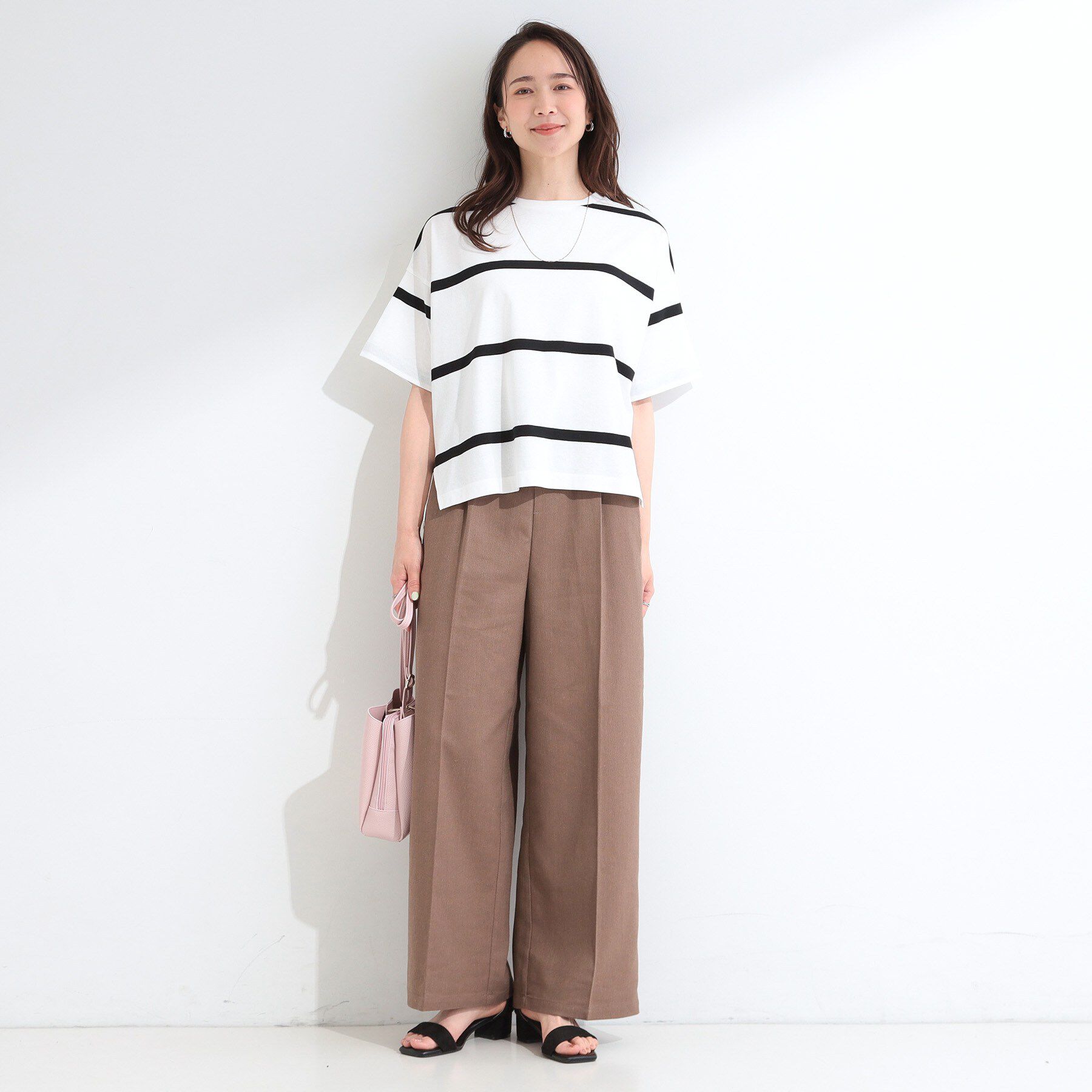 SHOO･LA･RUE「【ひんやり/S-LL】涼しげで爽やか 太ボーダー斜め切り替えTシャツ」|Tシャツ・カットソー|