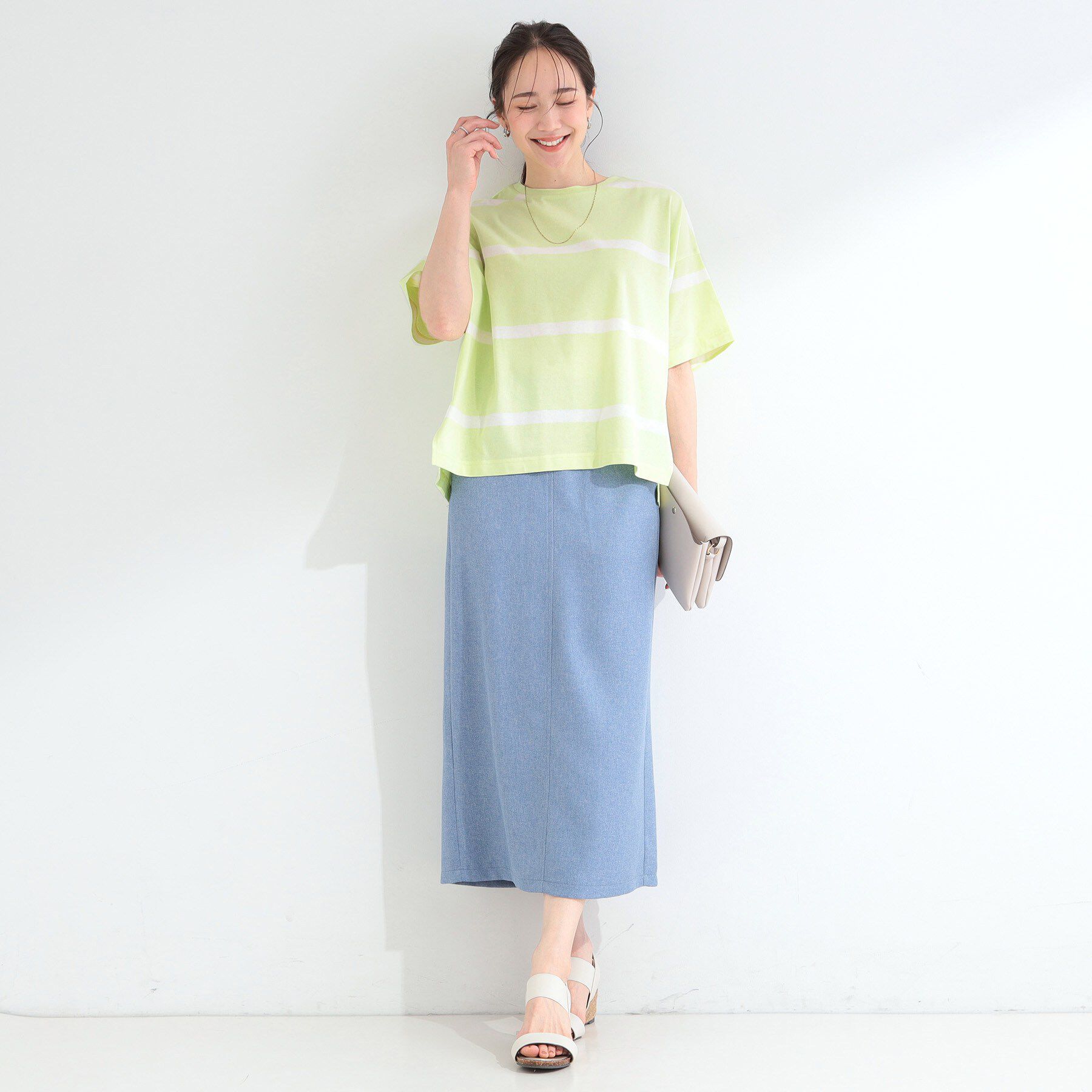 SHOO･LA･RUE「【ひんやり/S-LL】涼しげで爽やか 太ボーダー斜め切り替えTシャツ」|Tシャツ・カットソー|