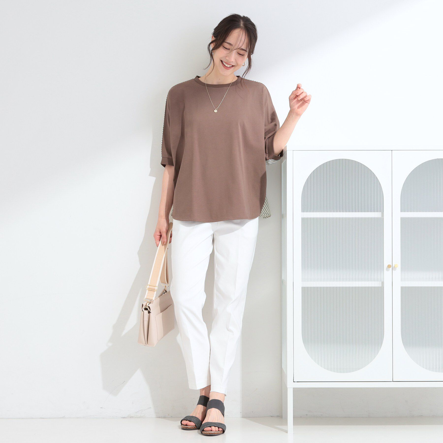 SHOO･LA･RUE「【ひんやり/体型カバー/洗濯機可】二の腕隠れる 前後切替ドルマンTシャツ」|Tシャツ・カットソー|
