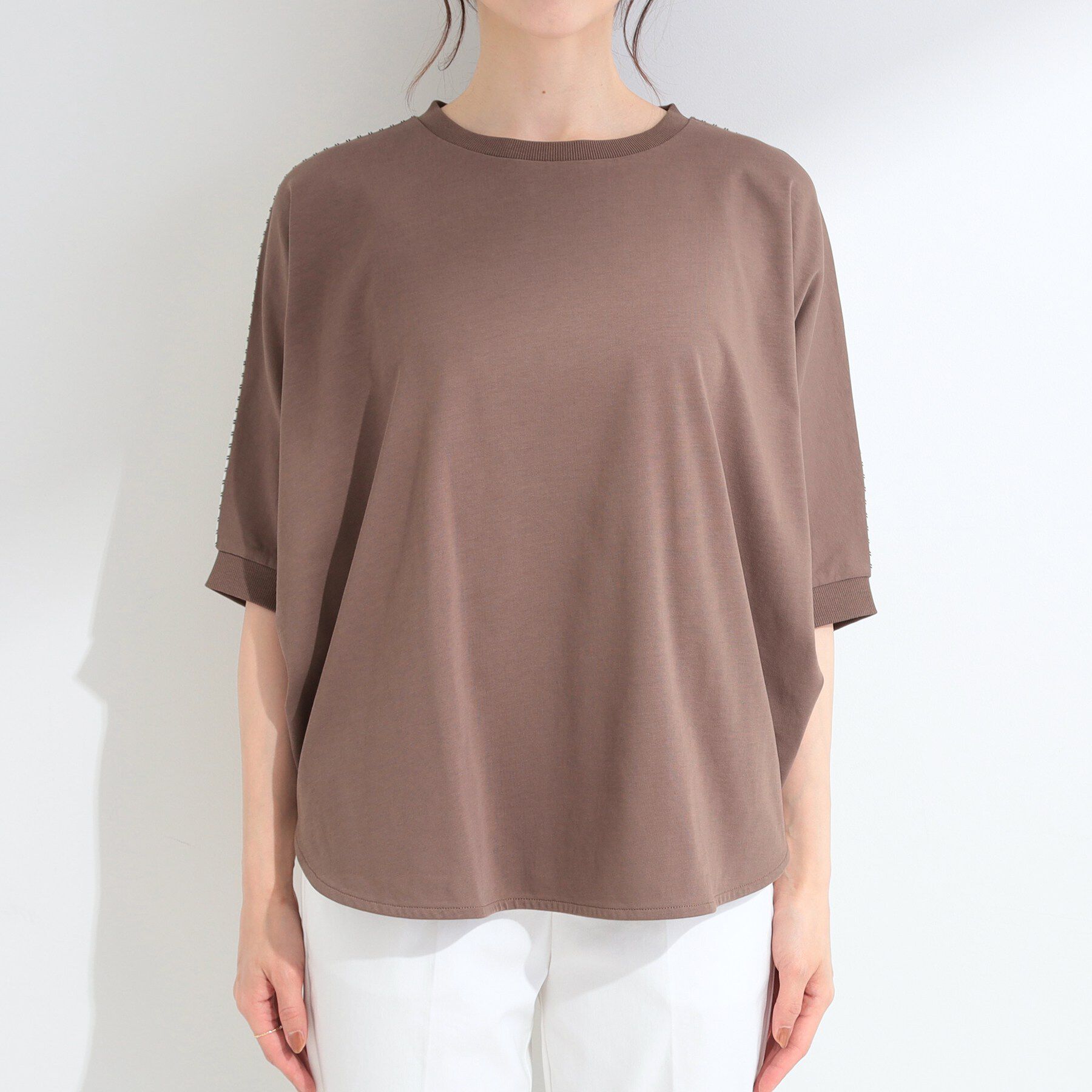 SHOO･LA･RUE「【ひんやり/体型カバー/洗濯機可】二の腕隠れる 前後切替ドルマンTシャツ」|Tシャツ・カットソー|