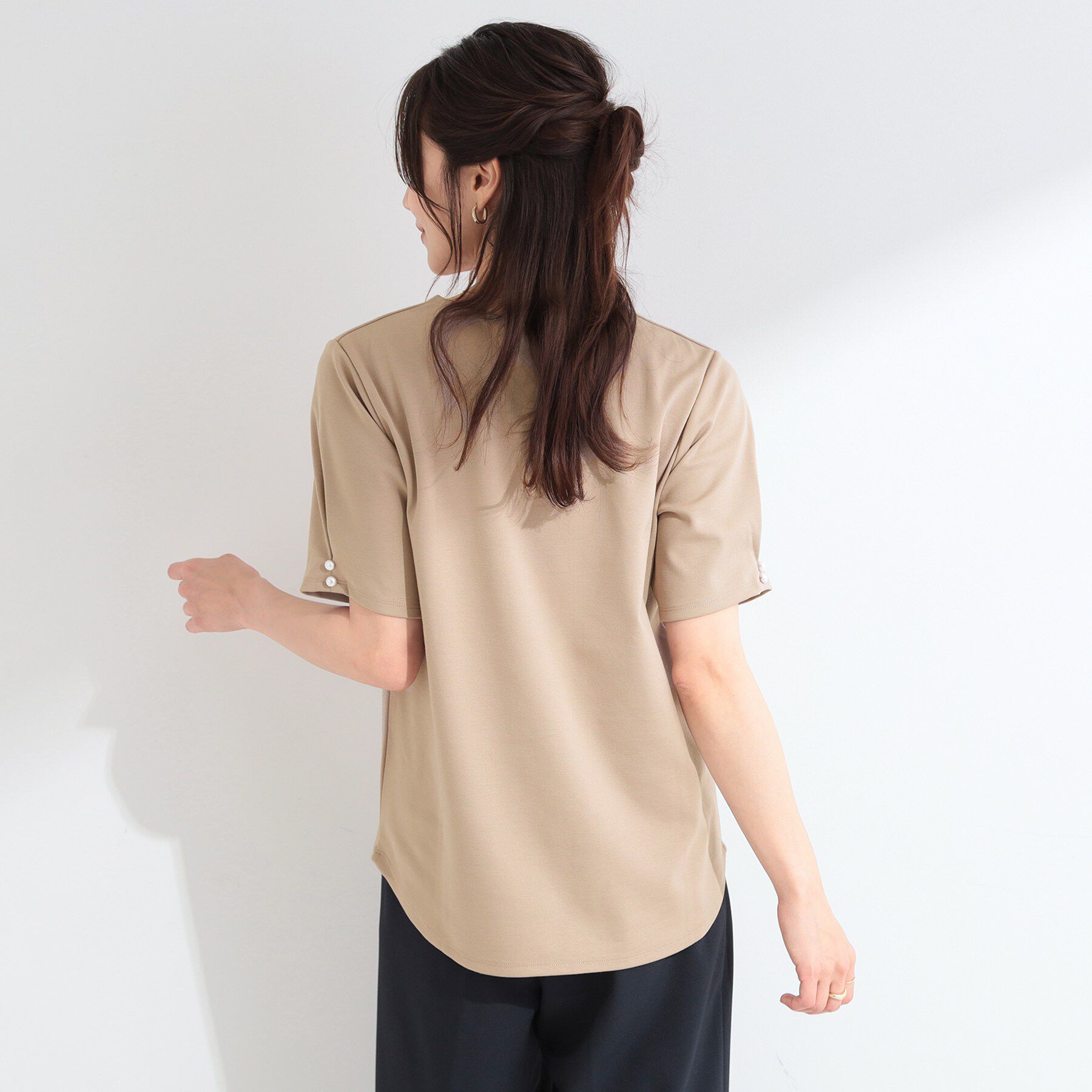 SHOO･LA･RUE「【2点セット/洗濯機可/S-LL】ネックレス付き お袖パールブラウス」|Tシャツ・カットソー|