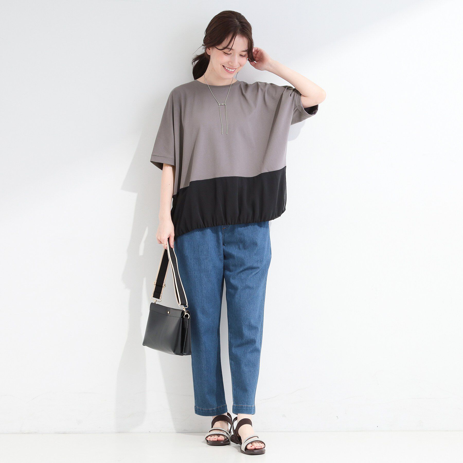 SHOO･LA･RUE「【洗濯機可/体型カバー】インせず着られる 裾配色 ゆったりバルーントップス」|Tシャツ・カットソー|