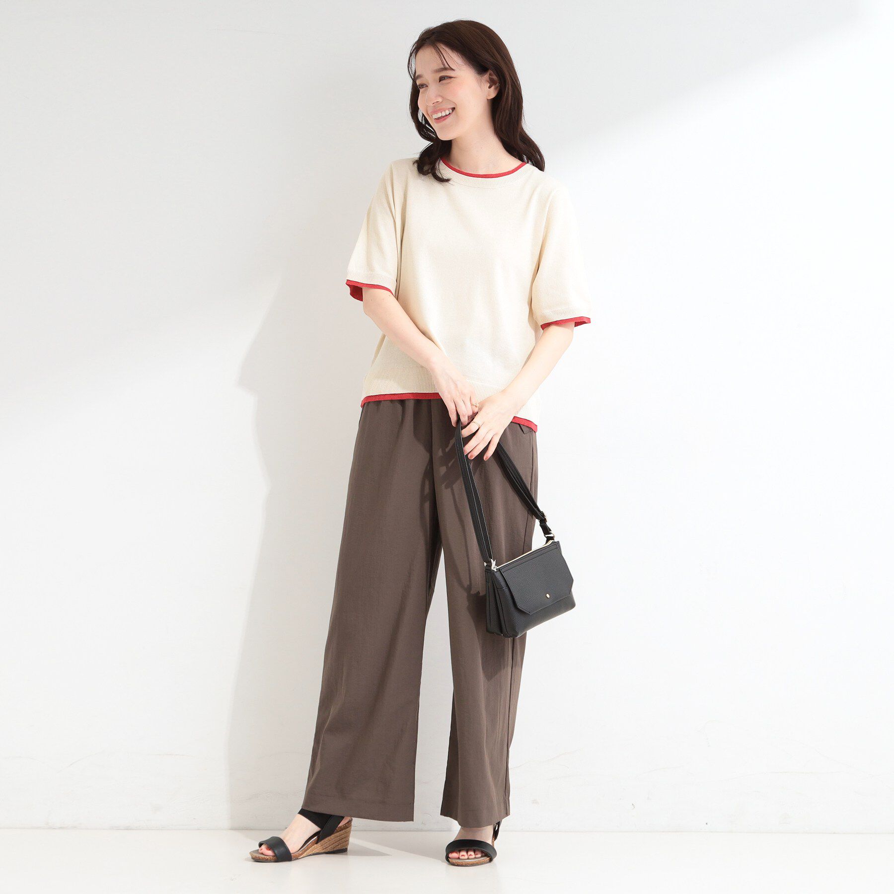 SHOO･LA･RUE「【二の腕隠れる/コットン混】配色使いで差がつく 洗える五分袖ニット」|ニット・セーター|