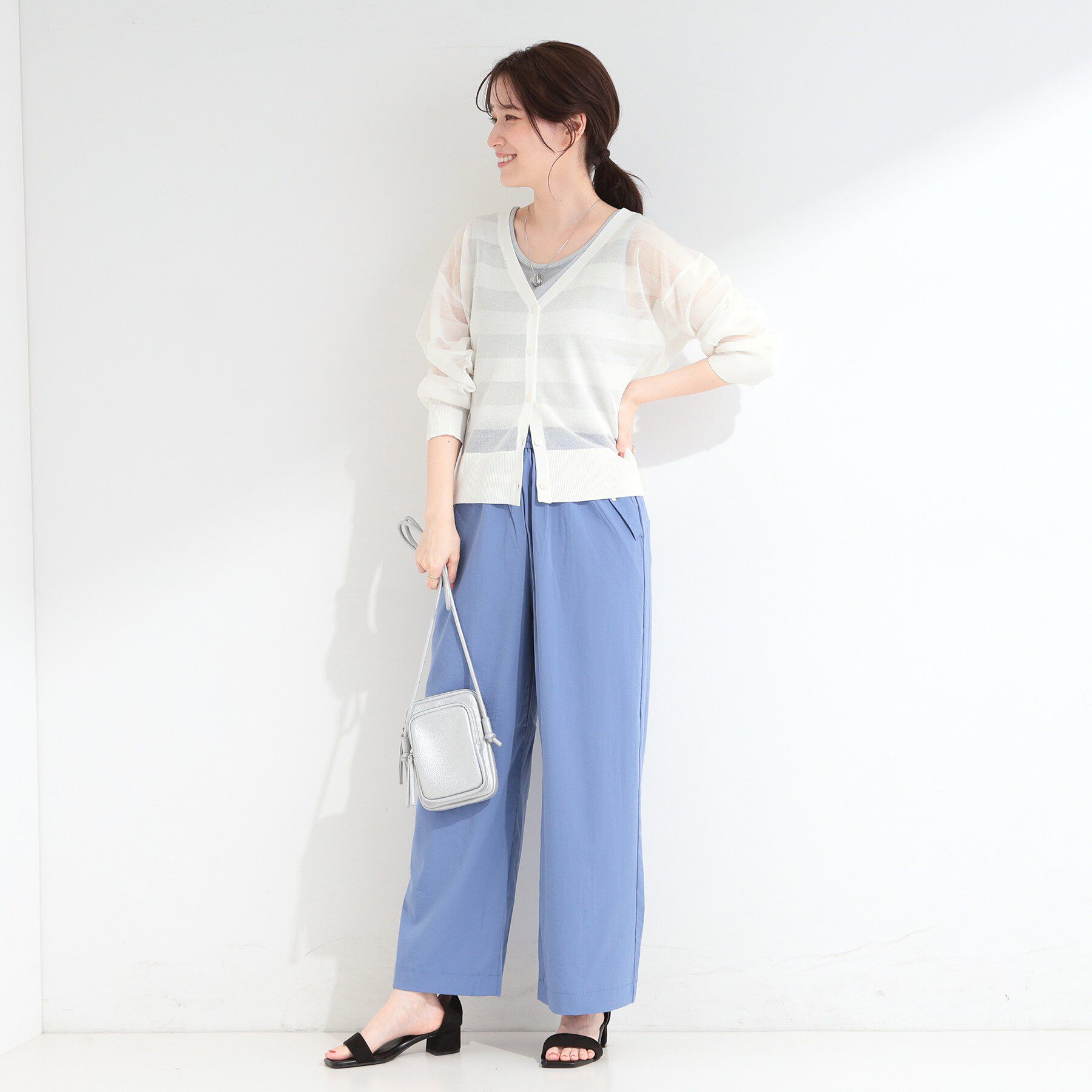 SHOO･LA･RUE「【洗濯機可/S-LL】涼し気な透け感 日差し冷房対策に シアーボーダーカーディガン」|カーディガン|