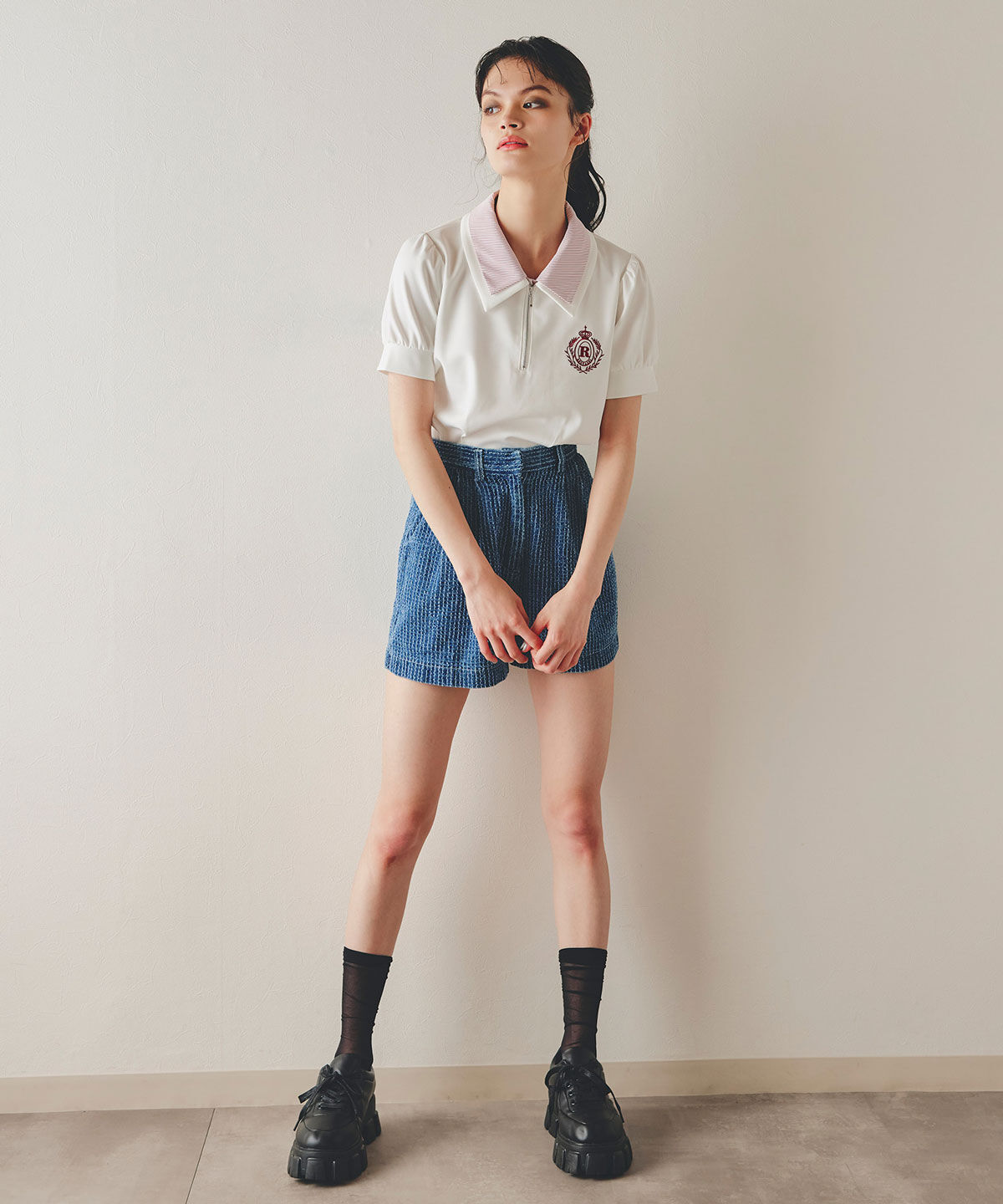 REDYAZEL「レーザーカットデニムショートパンツ」|キュロット|