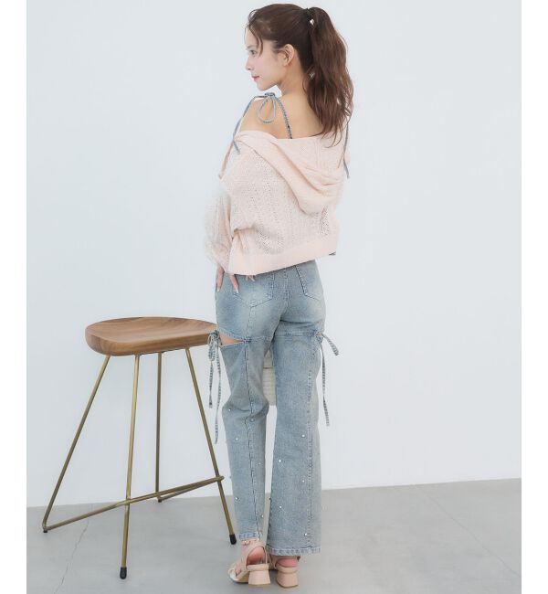 「透かし柄ショートニットパーカー」|パーカー|