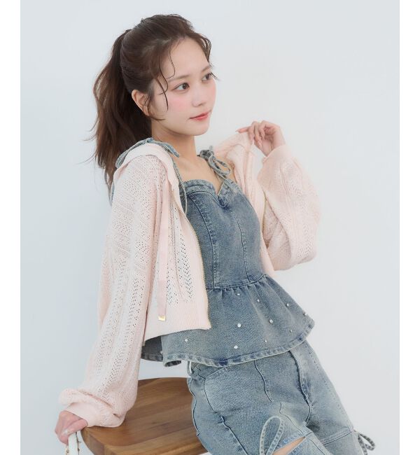  「透かし柄ショートニットパーカー」|パーカー|ピンク