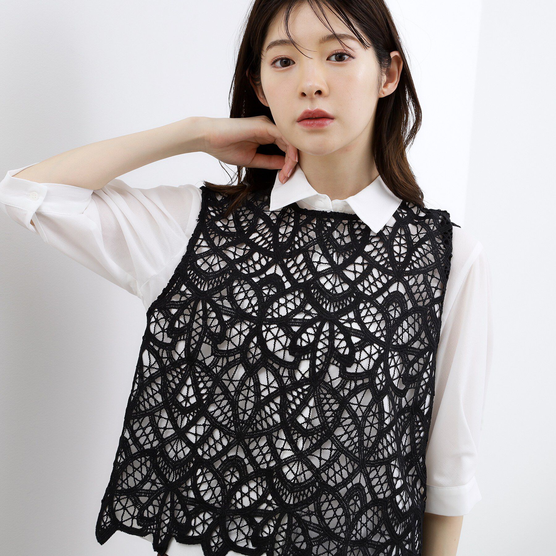grove「【2点SET・二の腕カバー】レースベスト&times;シアーブラウスSET」|シャツ・ブラウス|