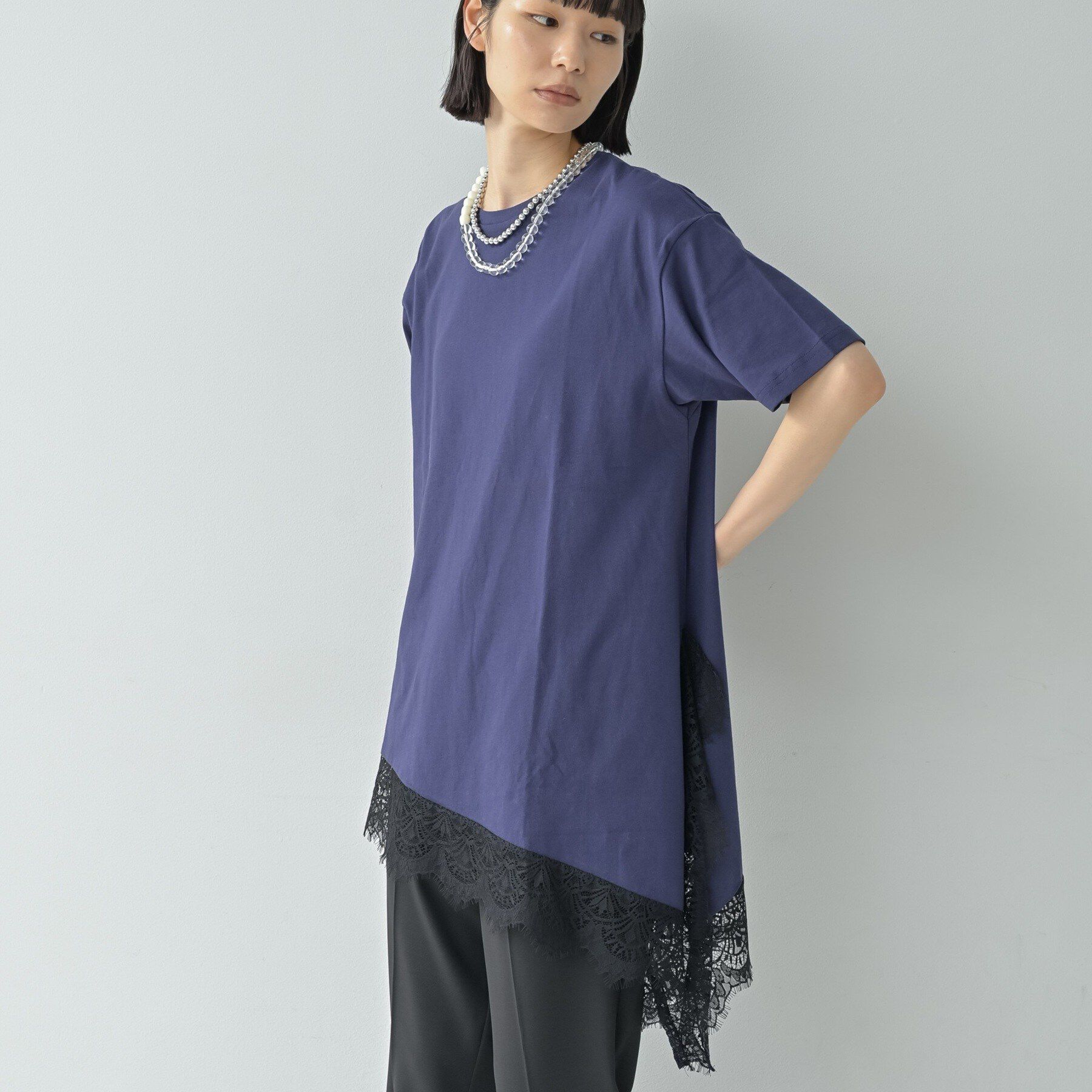 GALLEST「裾レースアシメカットソー」|Tシャツ・カットソー|ネイビー(094)