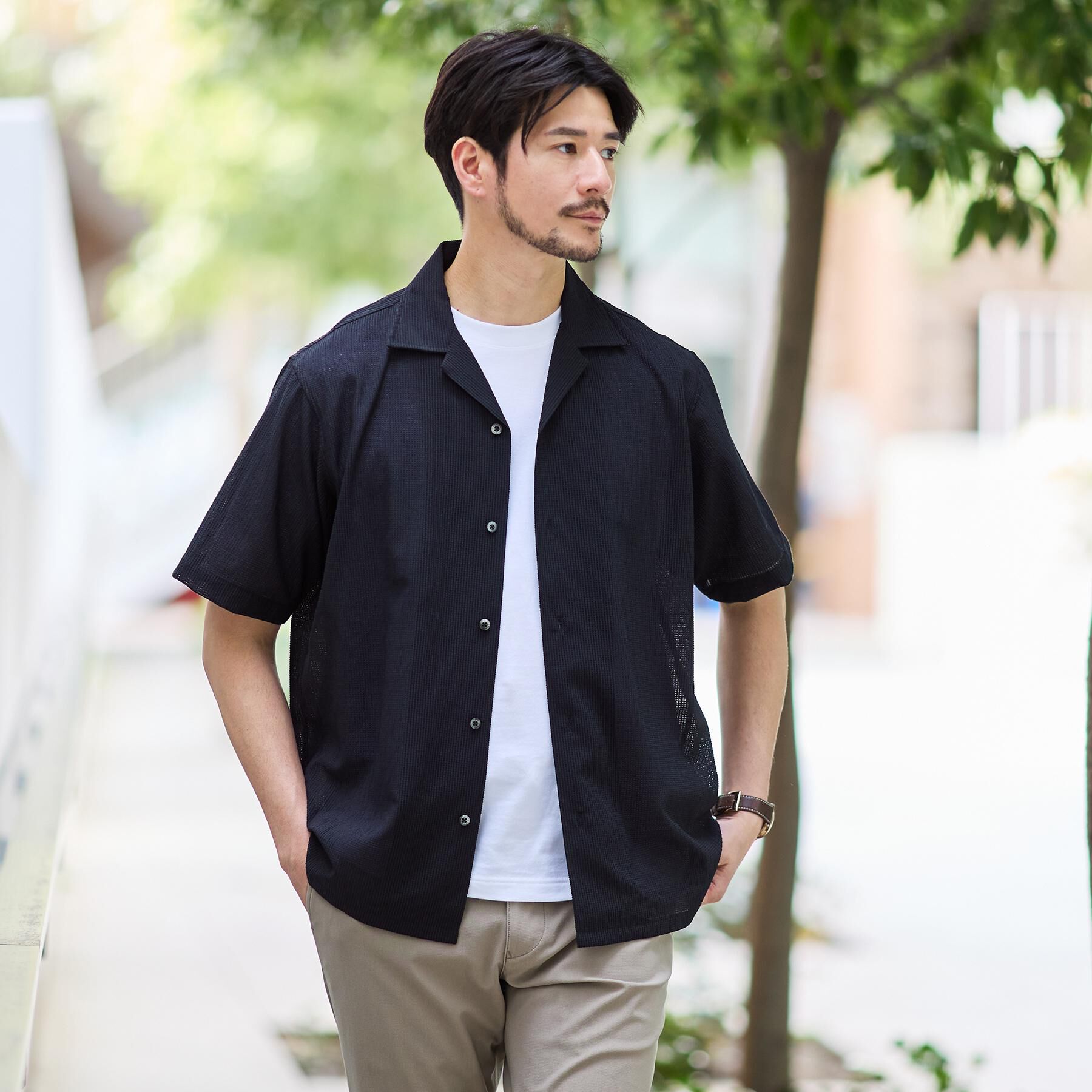 TAKEO KIKUCHI「【通気性】トリコットサッカー オープンカラー シャツ」|シャツ・ブラウス|
