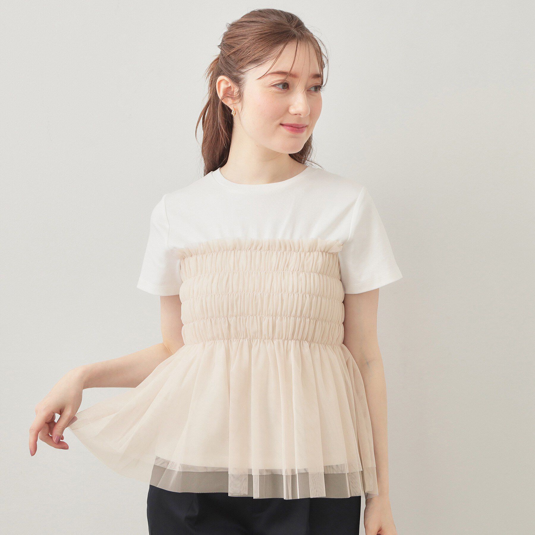 index「チュールペプラムトップス【洗濯機OK／接触冷感／UVケア】」|Tシャツ・カットソー|