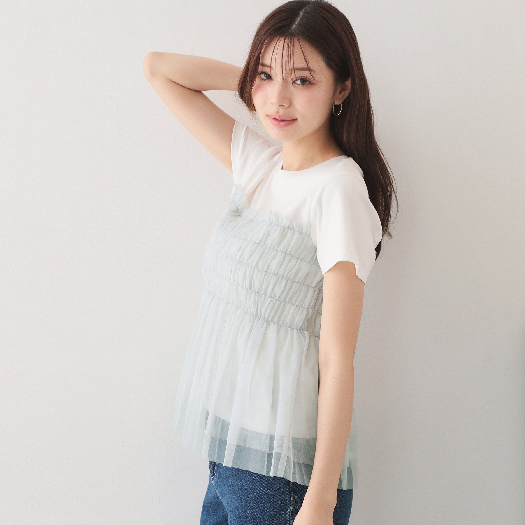 index「チュールペプラムトップス【洗濯機OK／接触冷感／UVケア】」|Tシャツ・カットソー|