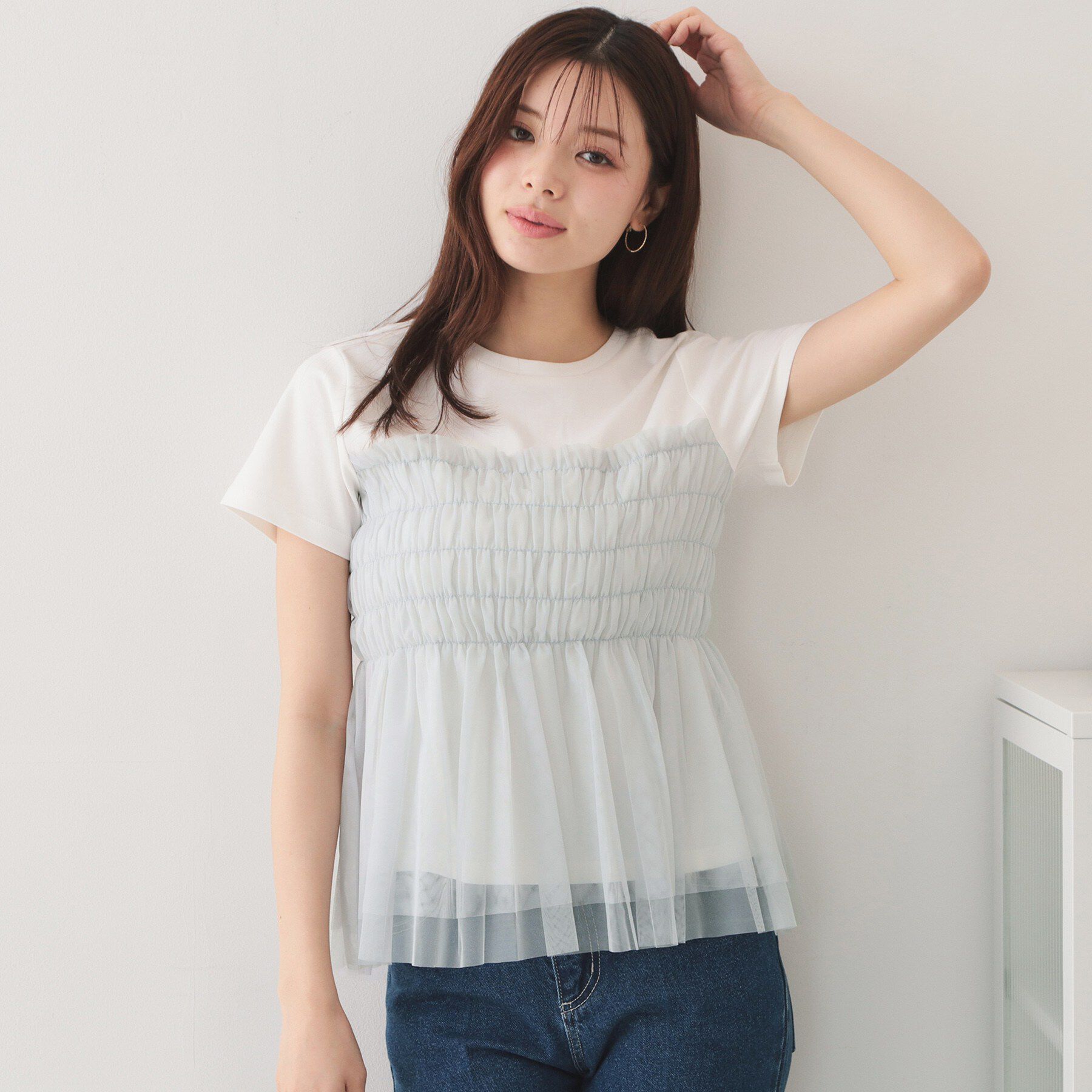 index「チュールペプラムトップス【洗濯機OK／接触冷感／UVケア】」|Tシャツ・カットソー|サックスブルー(59