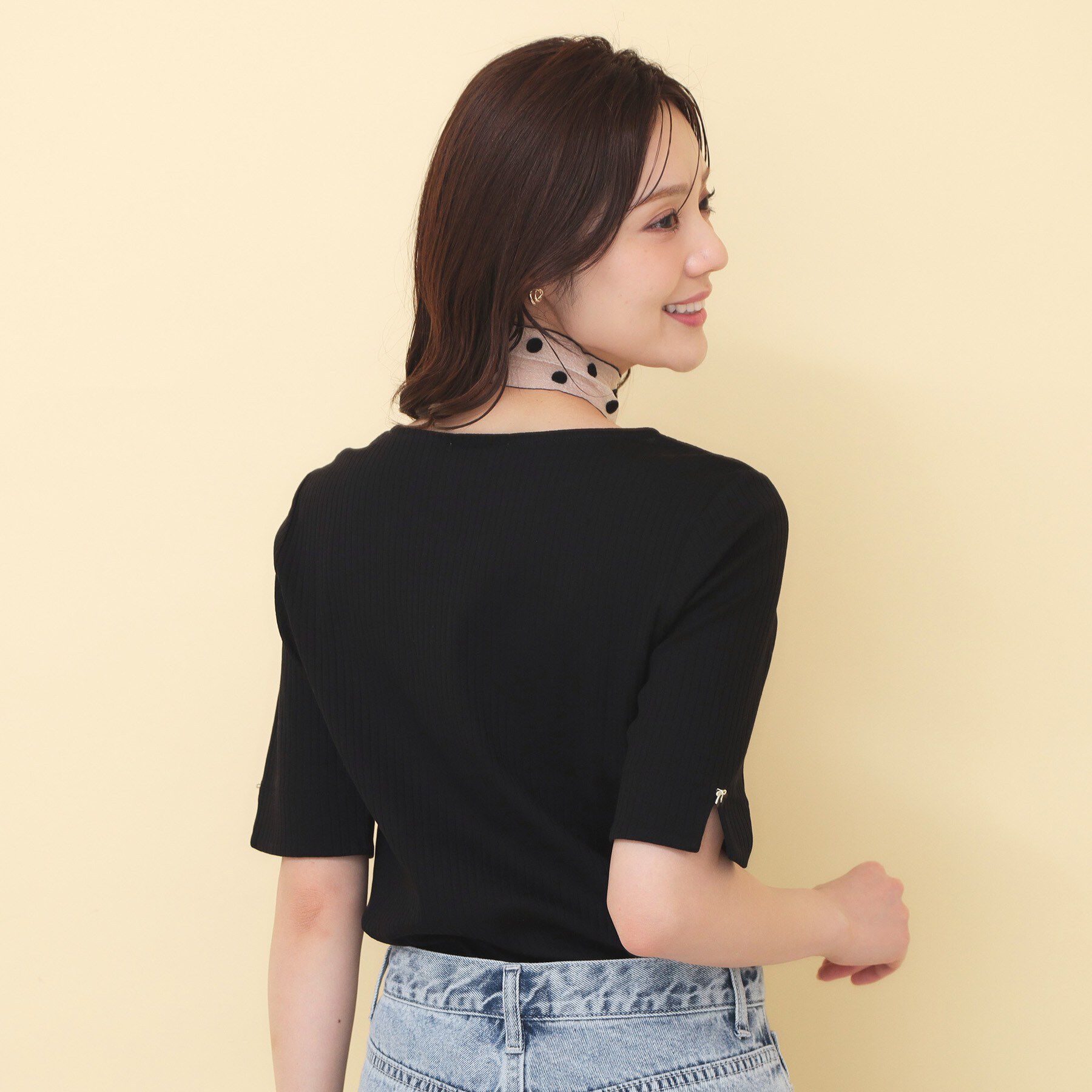 index「【接触冷感】ハートネックリボンボタンワイドリブ《UVケア／洗濯機OK》」|Tシャツ・カットソー|