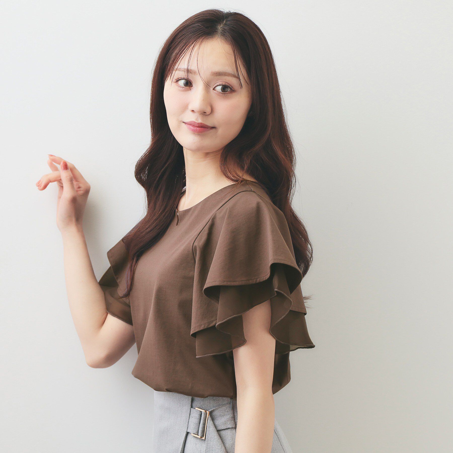 index「【接触冷感／UVケア】シフォンフリルドッキングトップス《洗濯機OK》」|Tシャツ・カットソー|ブラウン(044)