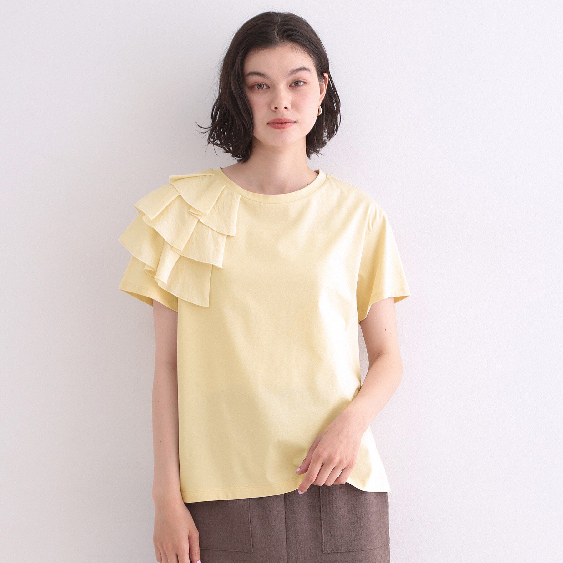 OPAQUE.CLIP「【接触冷感】アシメフリルドッキングカットソー《UVケア／洗濯機OK》」|Tシャツ・カットソー|