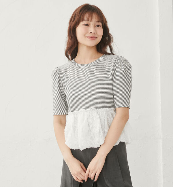 archives「ボーダーアソートレースドッキングバルーンＴＯＰＳ」|Tシャツ・カットソー|WHITE/BLACK