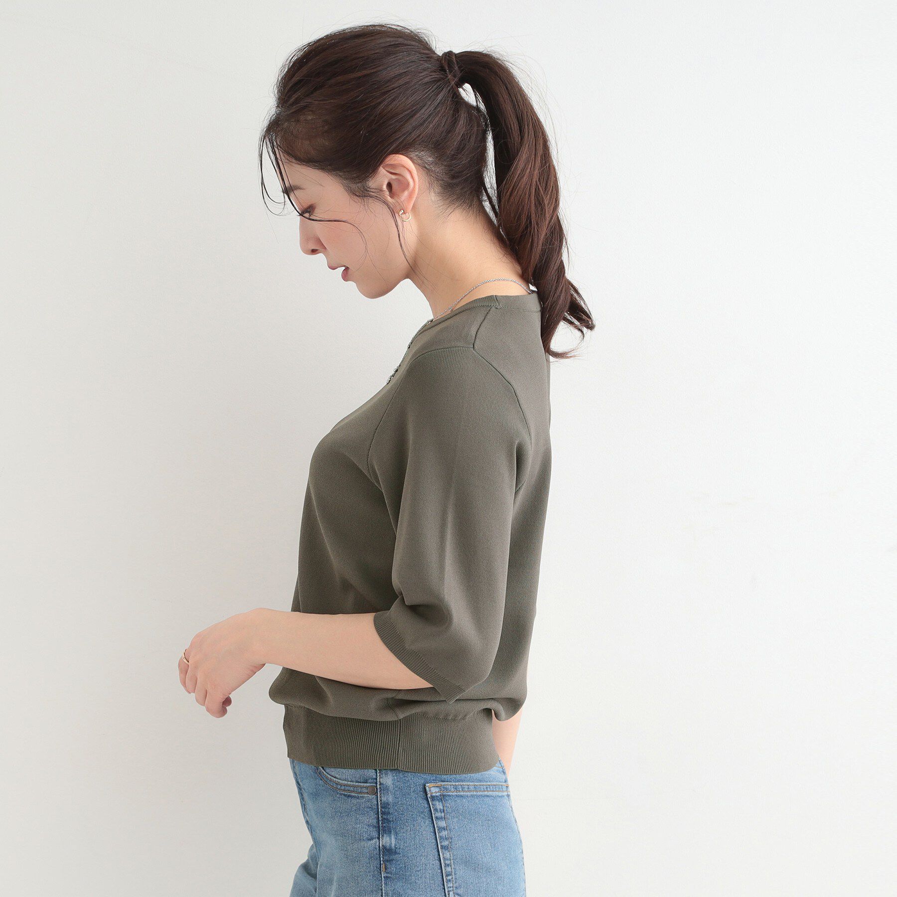 SHOO･LA･RUE「【毎日洗える/S-LL/ひんやり/UV】上半身すっきり 二の腕見せない5分袖ニット」|ニット・セーター|
