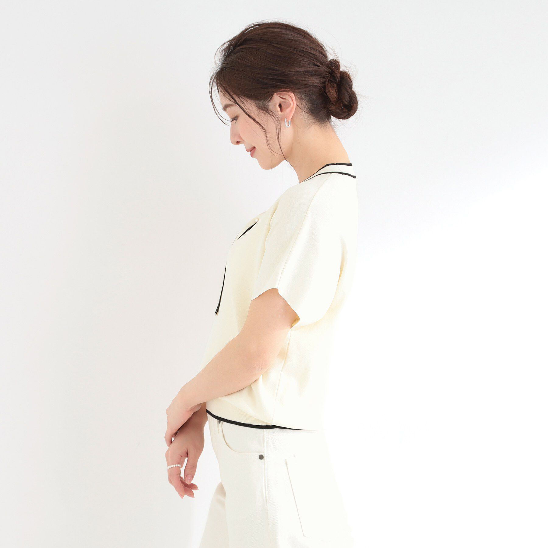 SHOO･LA･RUE「【高レビュー/ひんやり/毎日洗える/UV】二の腕も隠せる 配色ボウタイニット」|ニット・セーター|