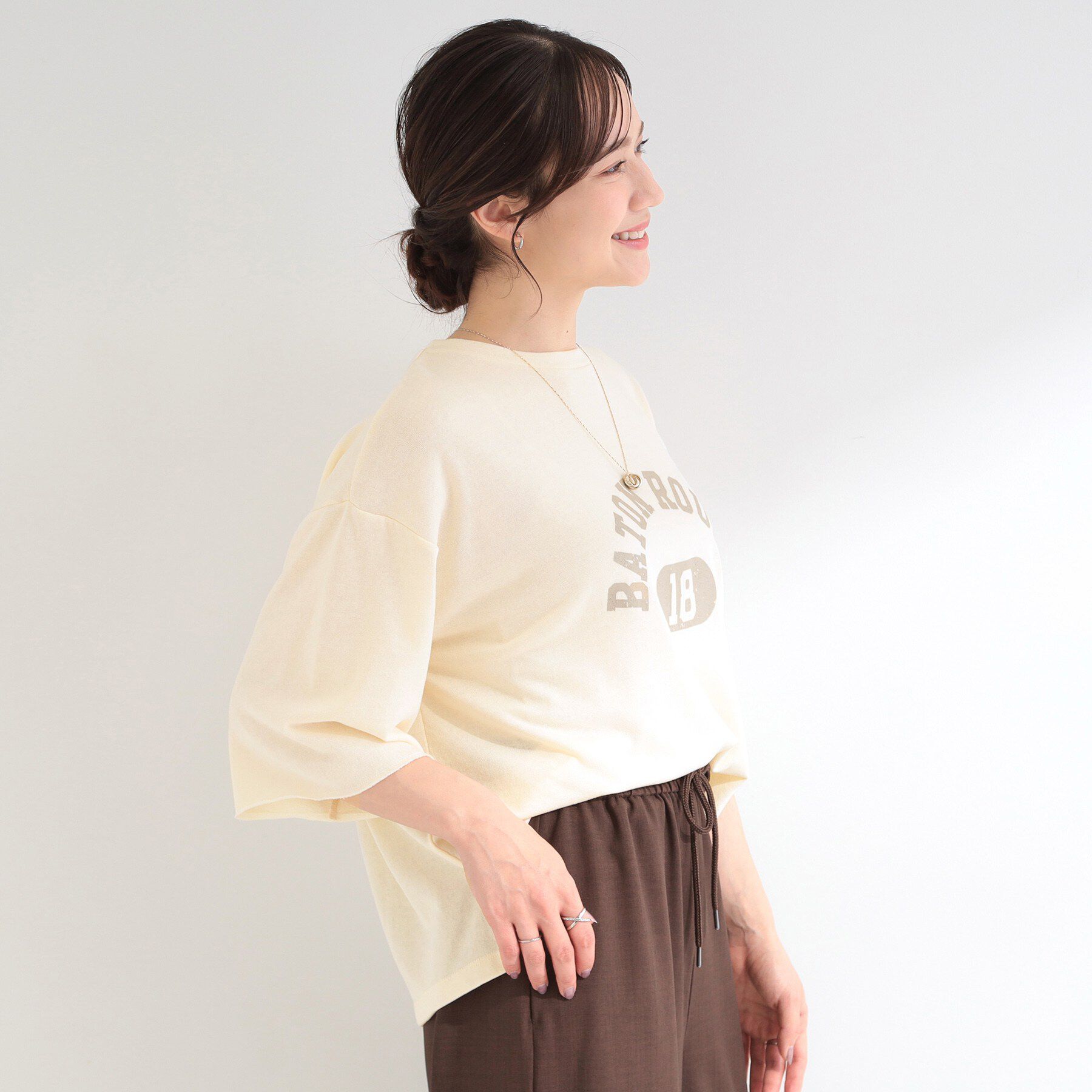 SHOO･LA･RUE「【洗濯機可/S-LL/選べる6柄】切りっぱなしお袖がこなれカジュアル 5分袖シアーTシャツ」|Tシャツ・カットソー|