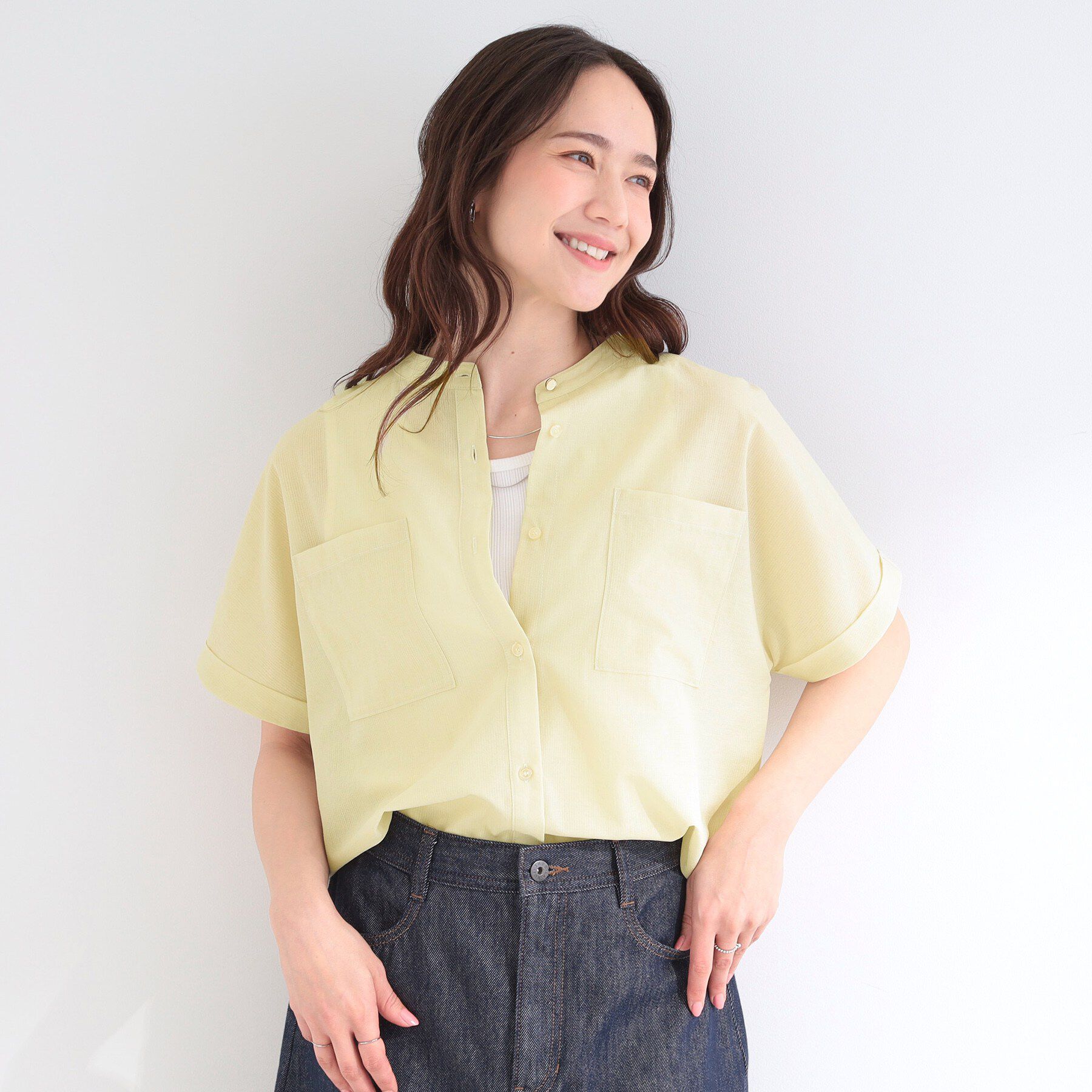 SHOO･LA･RUE「【通気性〇/UV/S-LL】風が通り抜ける ひんやり半袖バンドカラーシアーシャツ」|シャツ・ブラウス|
