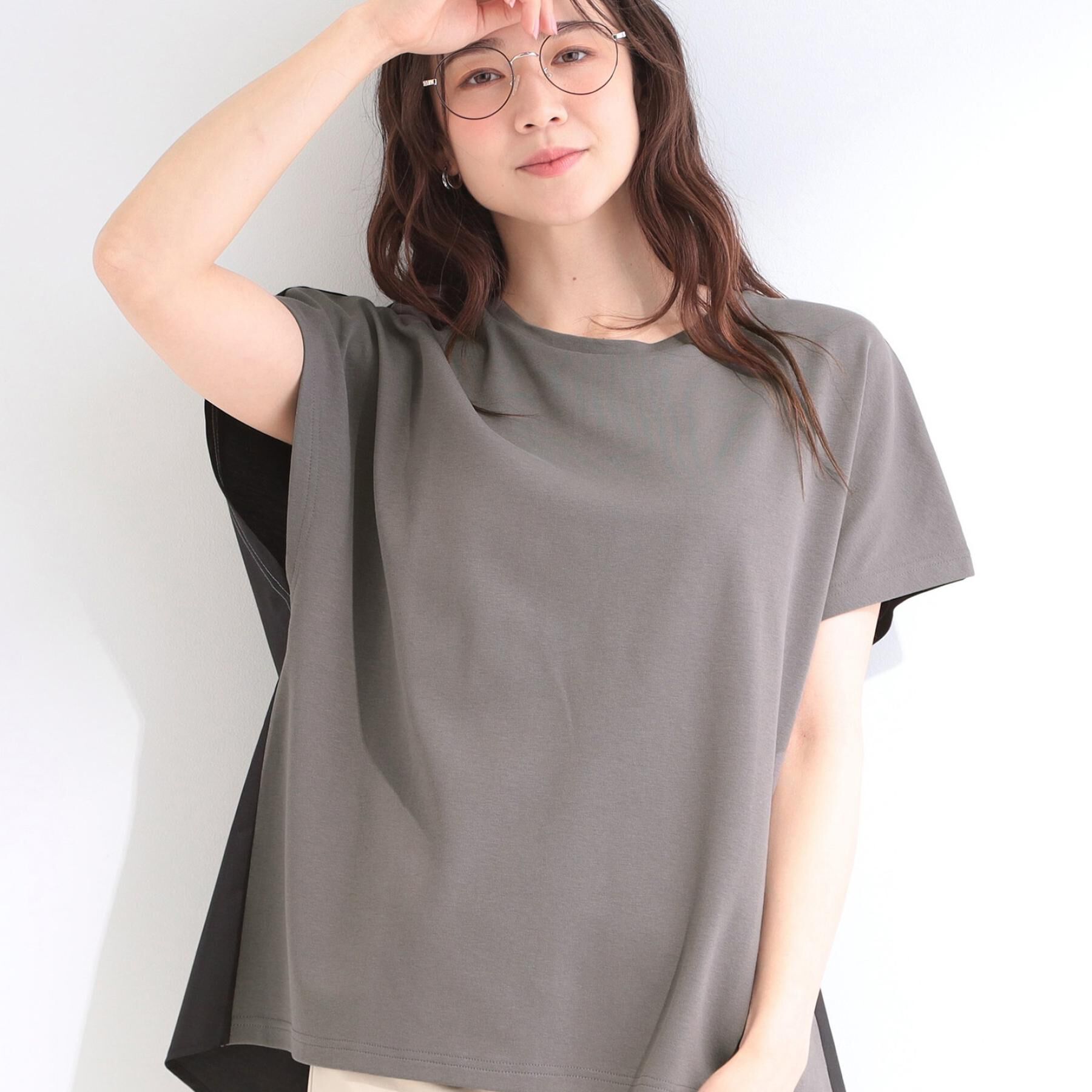 SHOO･LA･RUE「【体型カバー/S-LL】インせず着られる ひんやりシャツ素材切替Tシャツ」|Tシャツ・カットソー|チャコールグレー(0