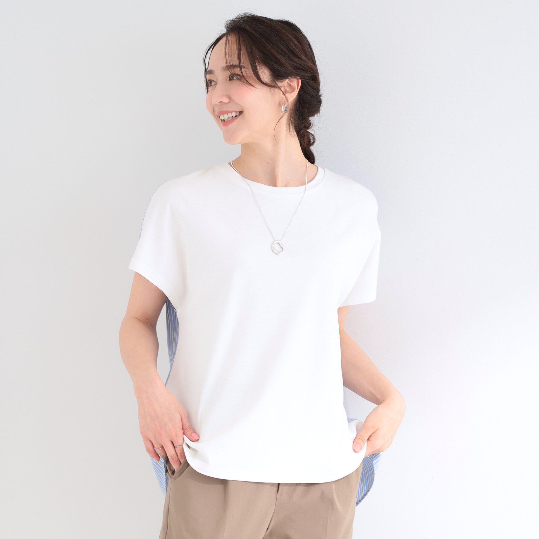 SHOO･LA･RUE「【体型カバー/S-LL】インせず着られる ひんやりシャツ素材切替Tシャツ」|Tシャツ・カットソー|