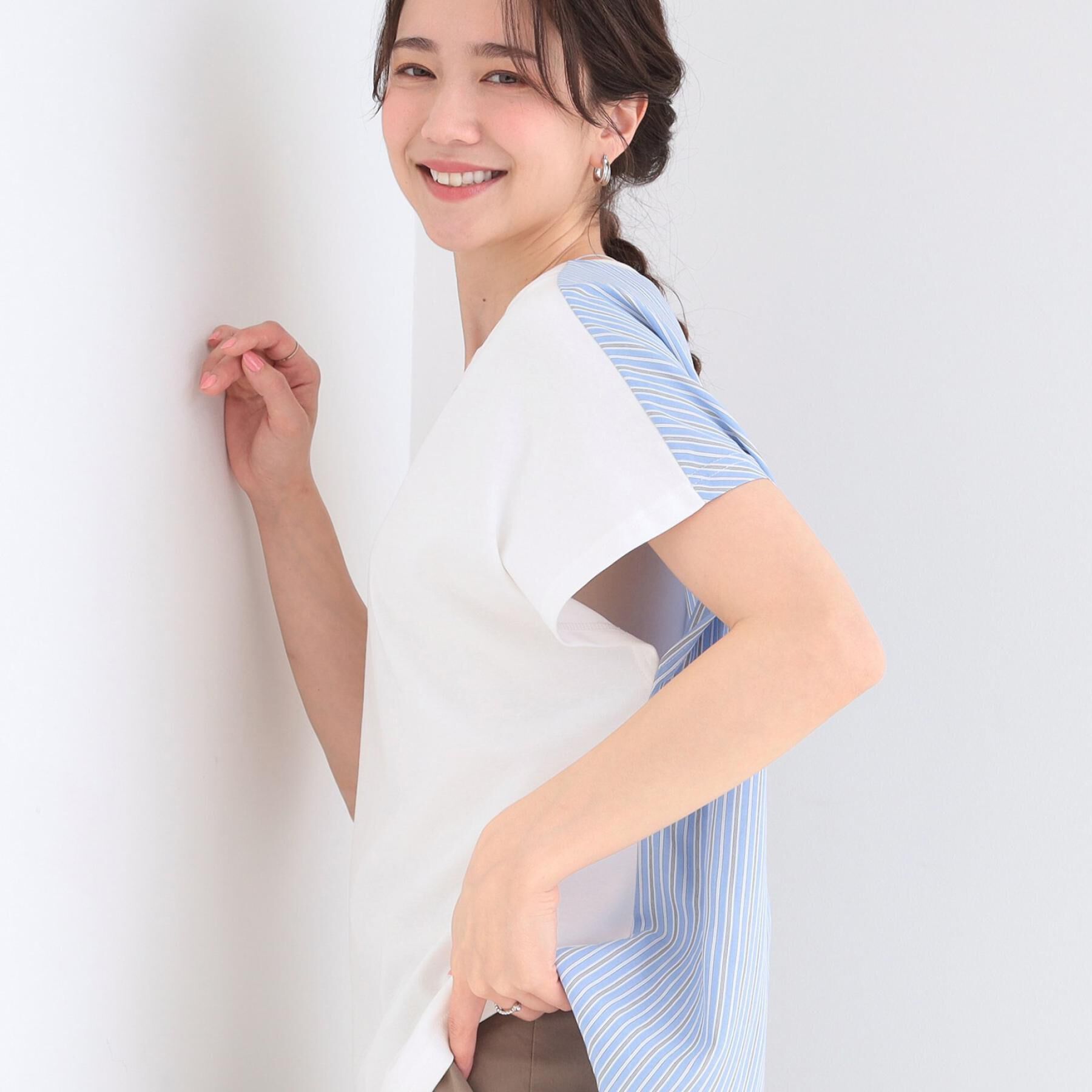 SHOO･LA･RUE「【体型カバー/S-LL】インせず着られる ひんやりシャツ素材切替Tシャツ」|Tシャツ・カットソー|ホワイト(301)