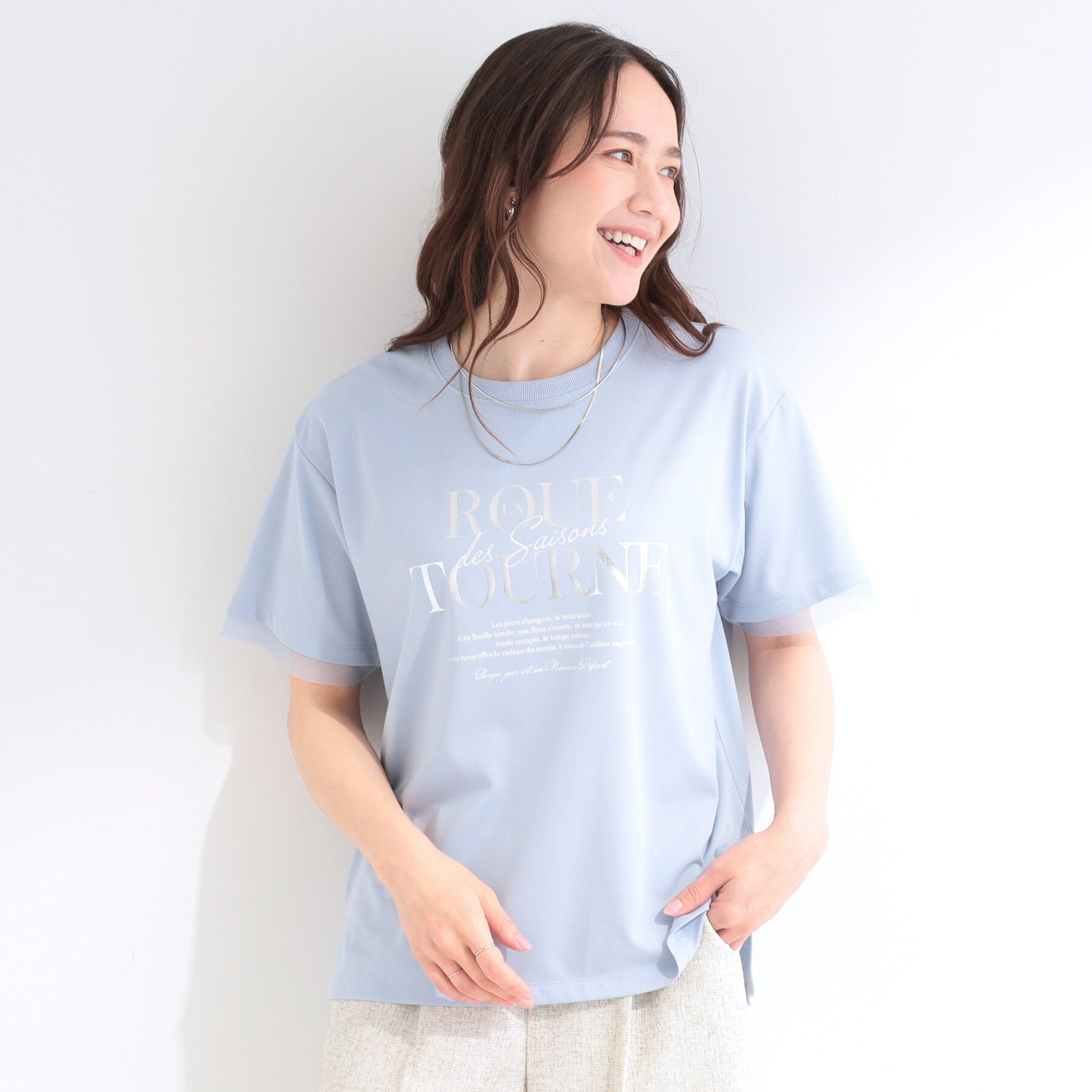 SHOO･LA･RUE「【ひんやり/S-LL/洗濯機可】色・柄選べる お袖チュールレイヤード プリントアソートTシャツ」|Tシャツ・カットソー|