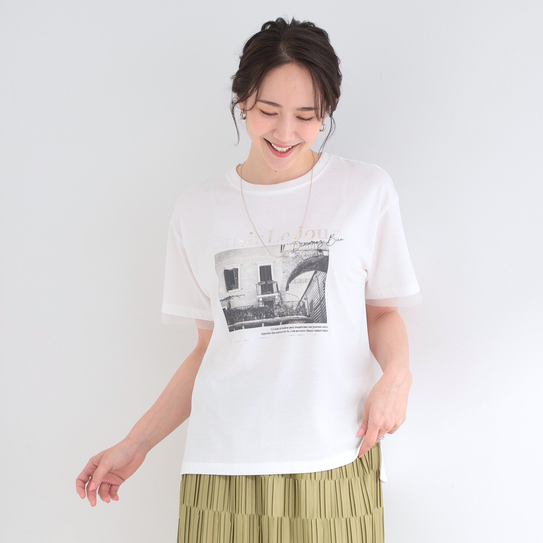 SHOO･LA･RUE「【ひんやり/S-LL/洗濯機可】色・柄選べる お袖チュールレイヤード プリントアソートTシャツ」|Tシャツ・カットソー|