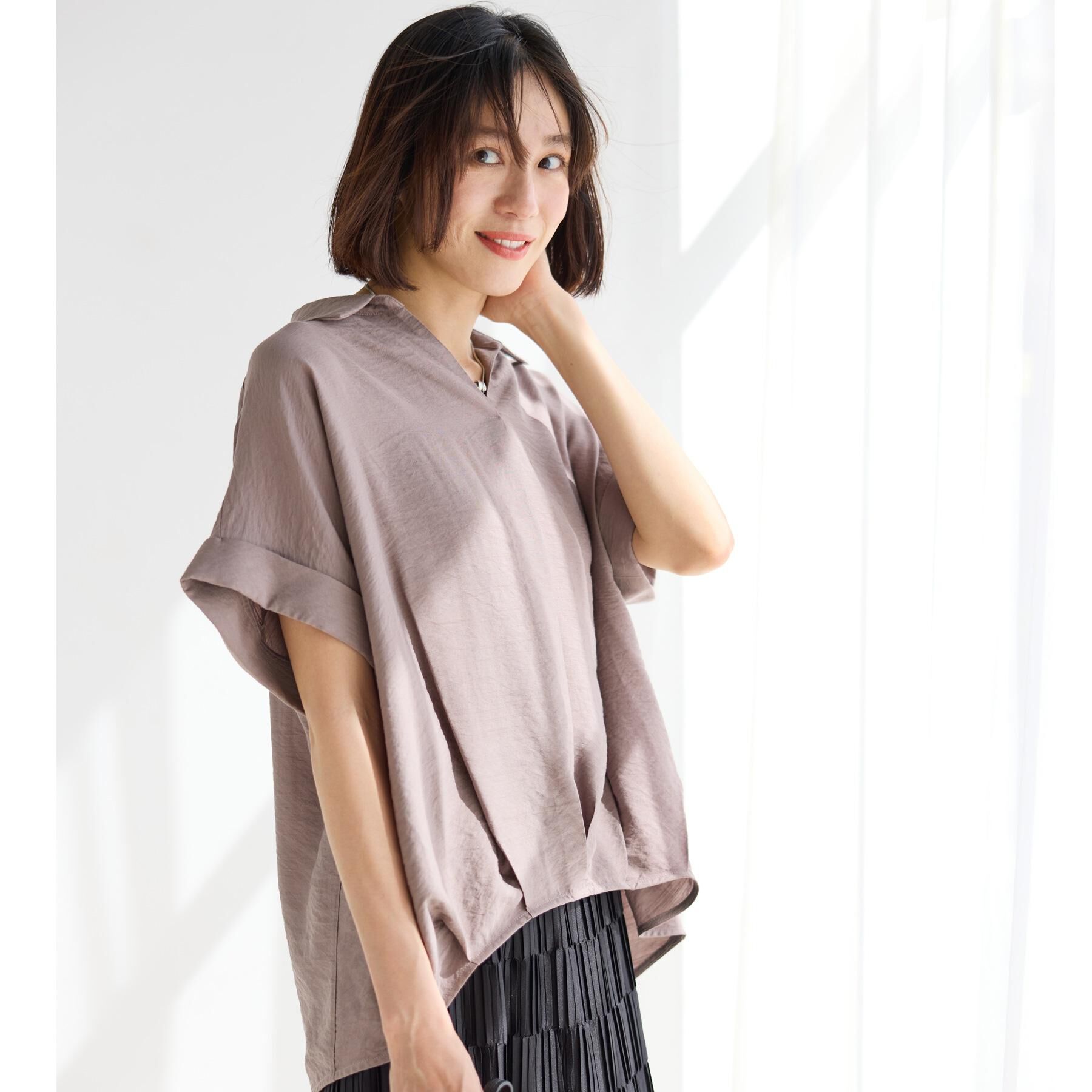 SHOO･LA･RUE「【ひんやり/S-LL/洗濯機可】インせず着られる 裾タック スキッパーシャツ」|シャツ・ブラウス|