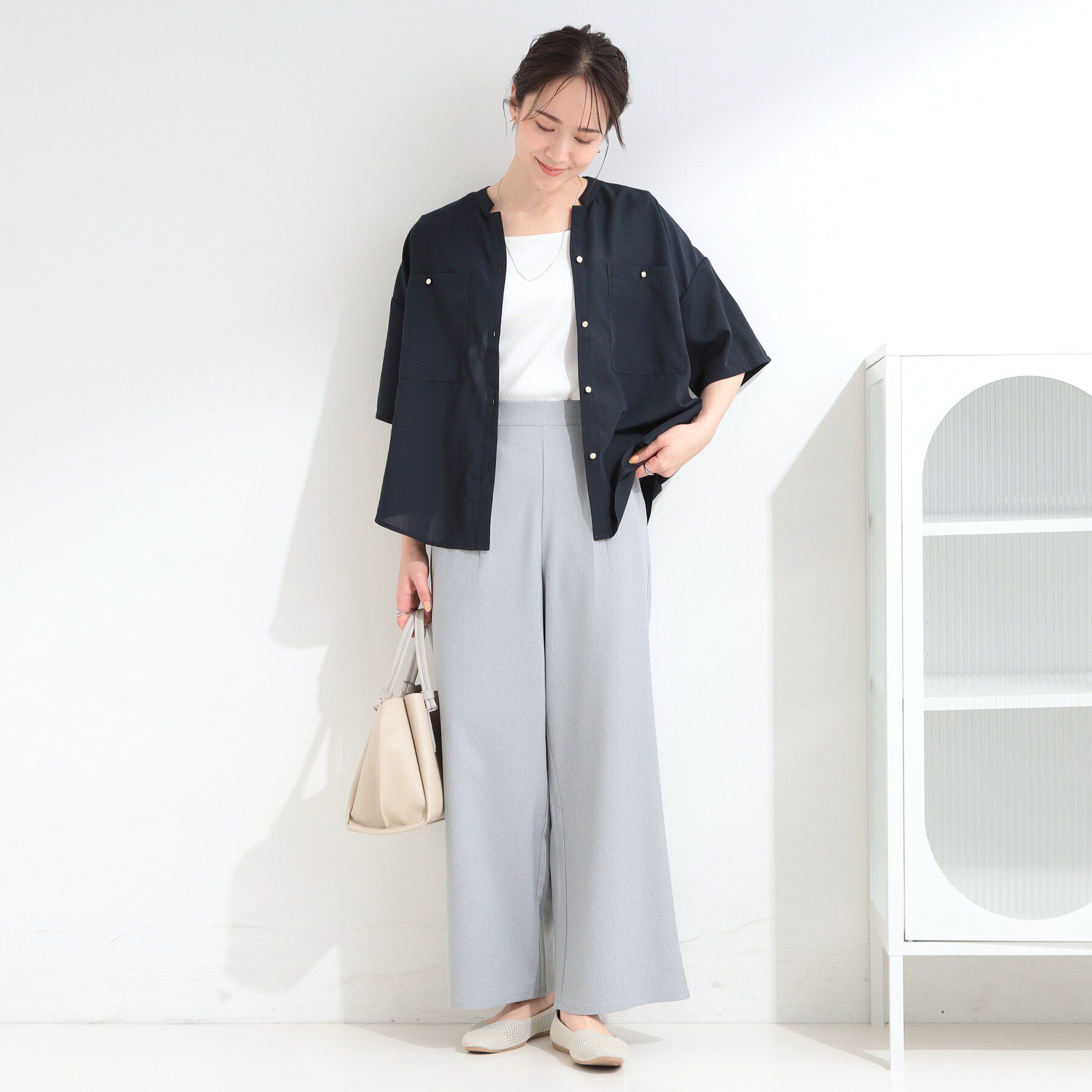 SHOO･LA･RUE「【洗濯機可/S-LL】大人の抜け感 ゆるっと5分袖シャツ」|シャツ・ブラウス|