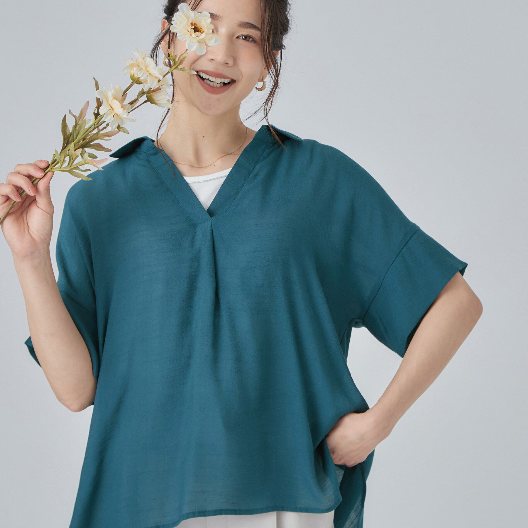 SHOO･LA･RUE「【2点セット/S-LL/洗濯機可】時短でコーデ決まる スラブスキッパーシャツ＋タンクトップ」|その他|ブルーグリーン(09