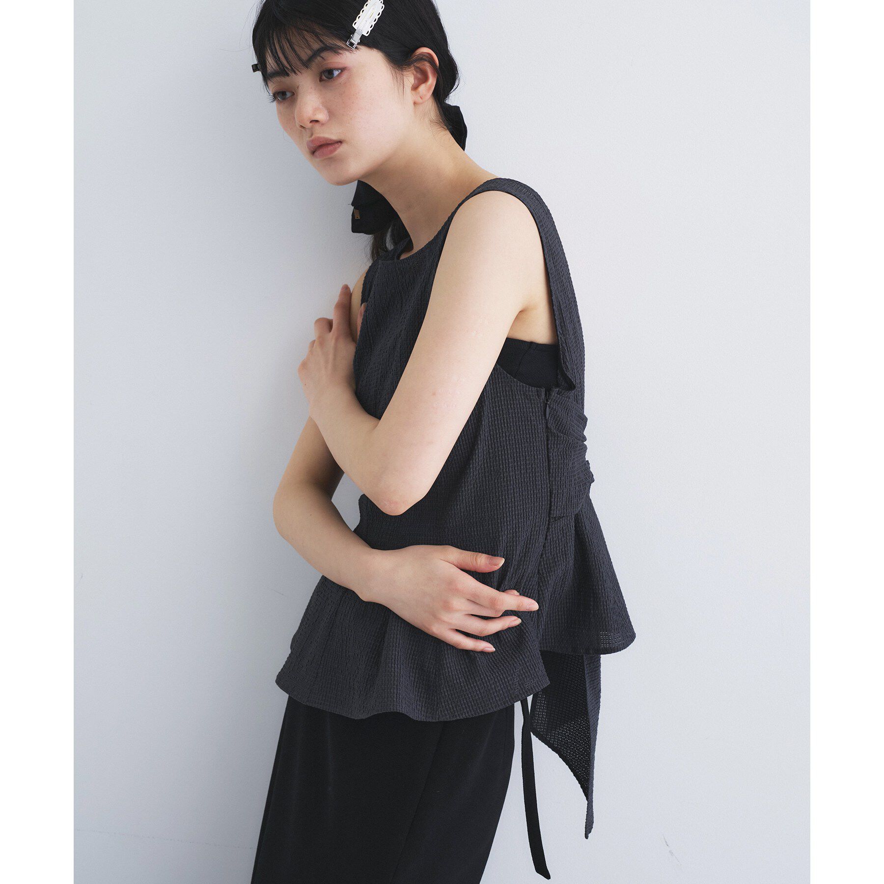 CODE A「back ribbon flare tops」|シャツ・ブラウス|チャコールグレー(0