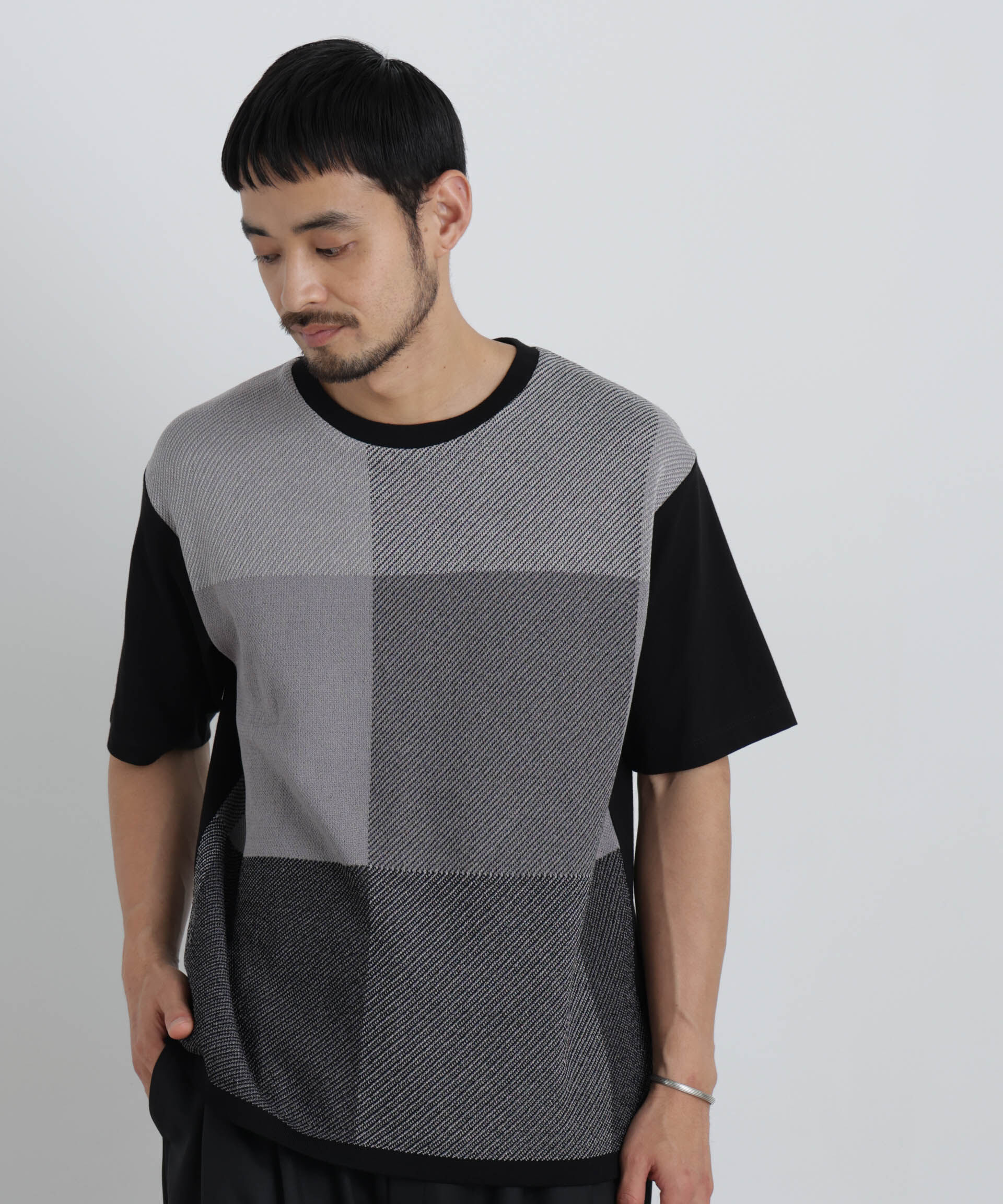 NANO universe「切替チェックニットTシャツ 半袖」|ニット・セーター|