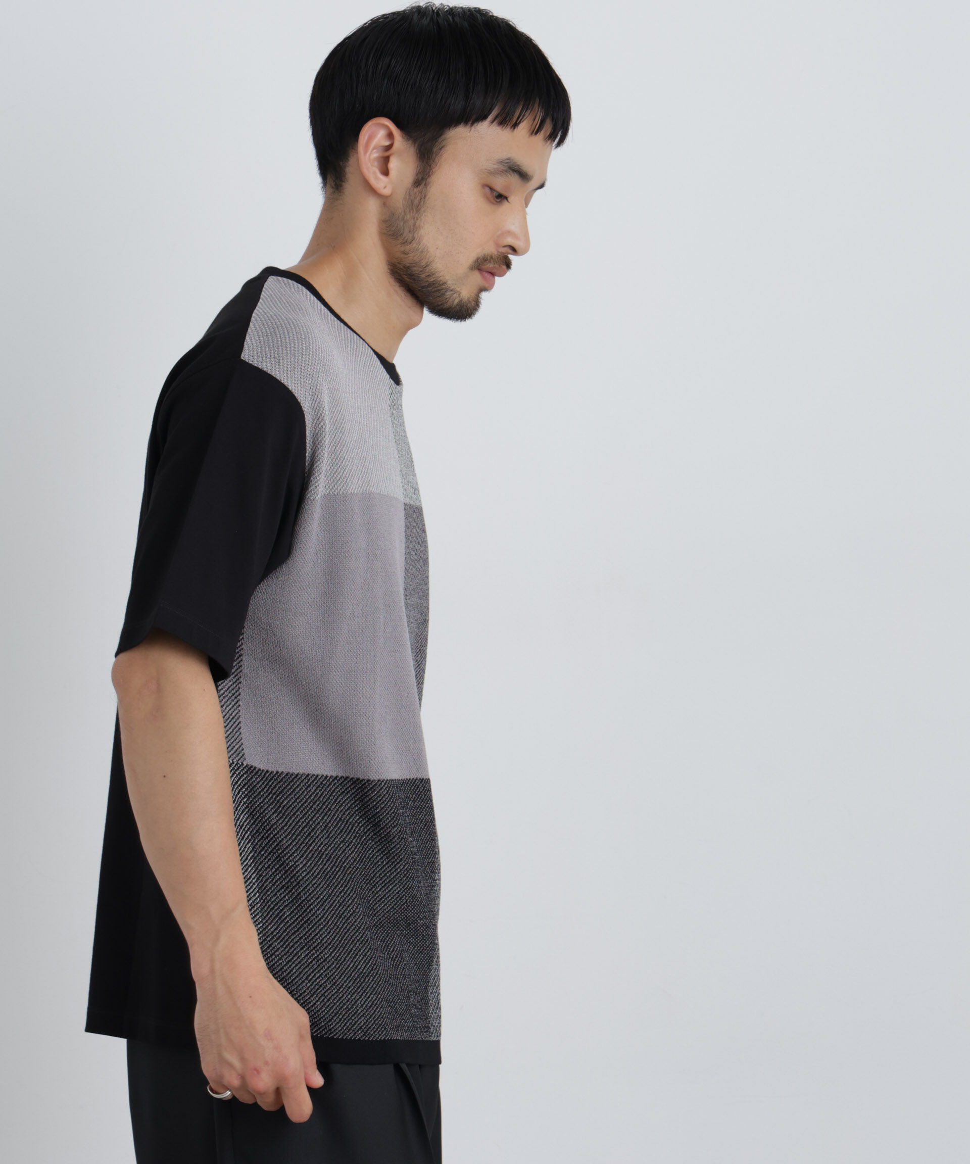 NANO universe「切替チェックニットTシャツ 半袖」|ニット・セーター|