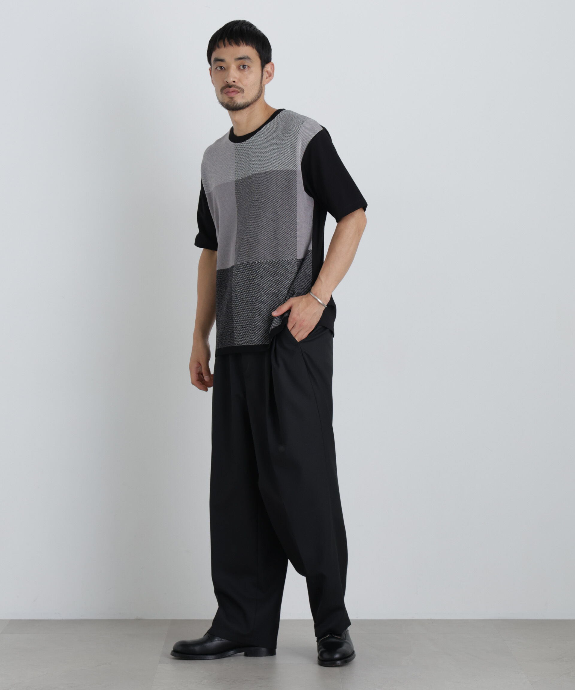 NANO universe「切替チェックニットTシャツ 半袖」|ニット・セーター|