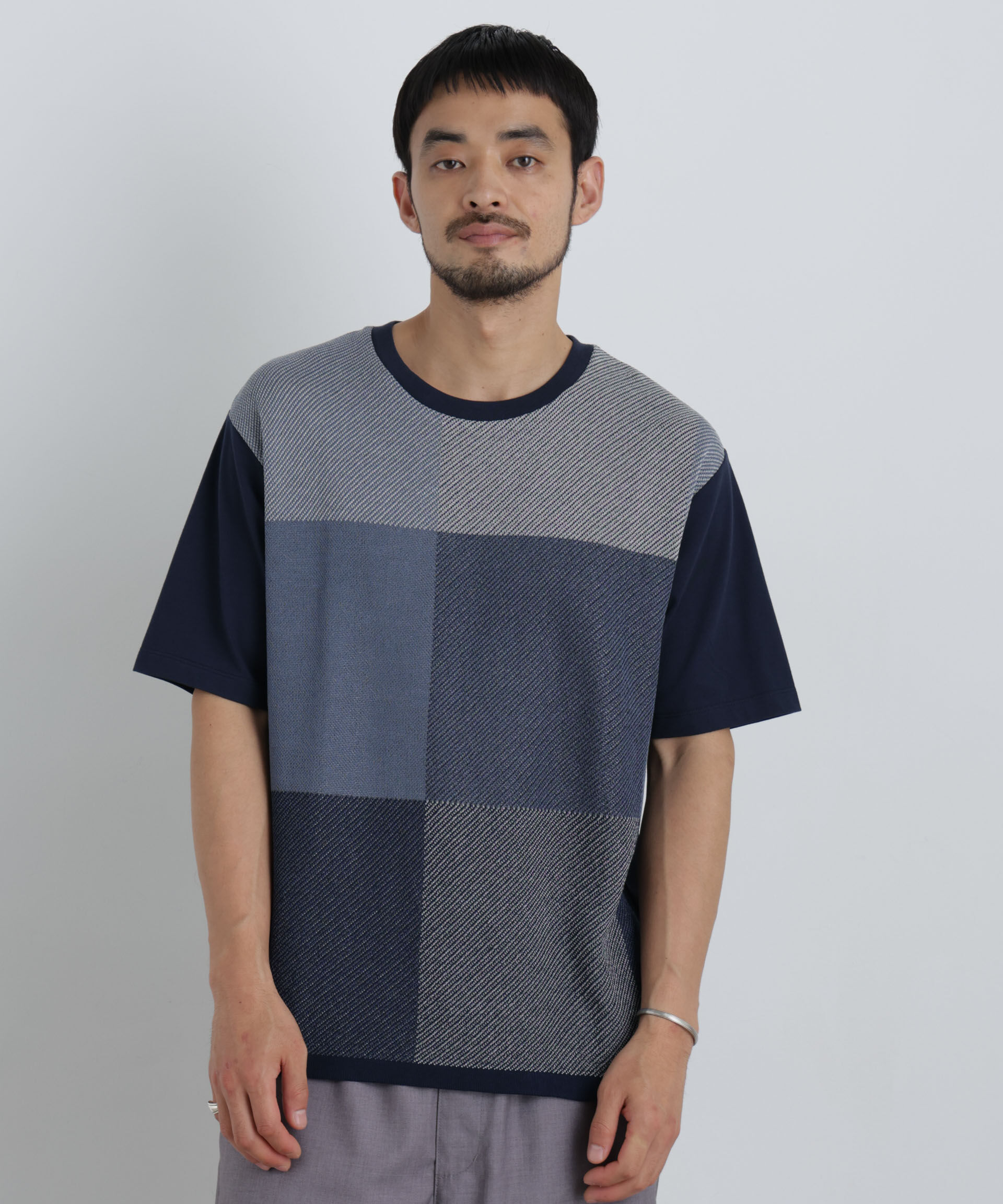 NANO universe「切替チェックニットTシャツ 半袖」|ニット・セーター|