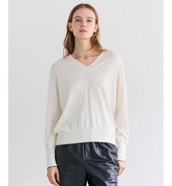 BEIGE,「CHLOR / ウールシルクツイルドッキングVネックニット」|ニット・セーター|Ecru