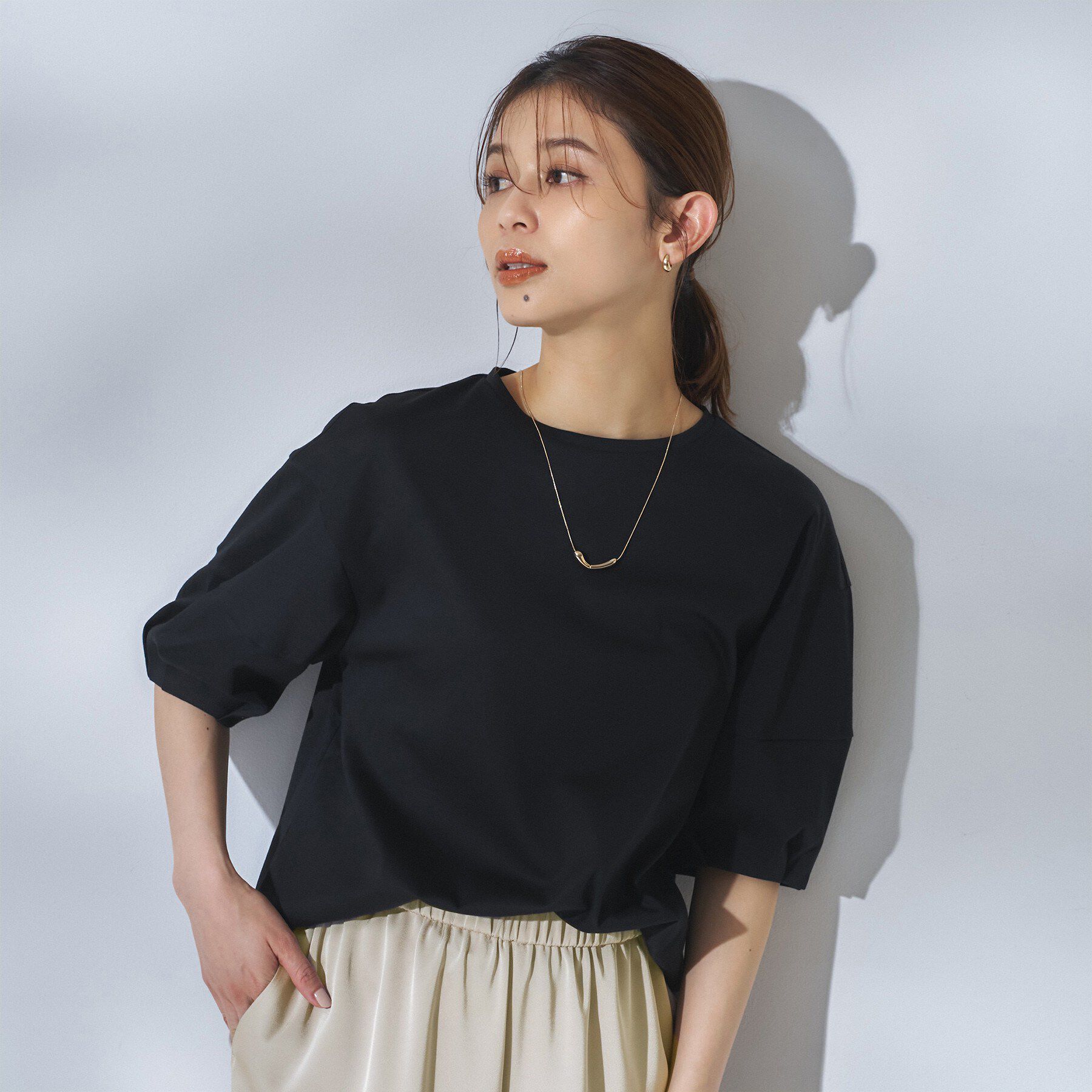 UNTITLED「【汗染み防止/接触冷感】ランタンスリーブプルオーバー」|Tシャツ・カットソー|ブラック(019)